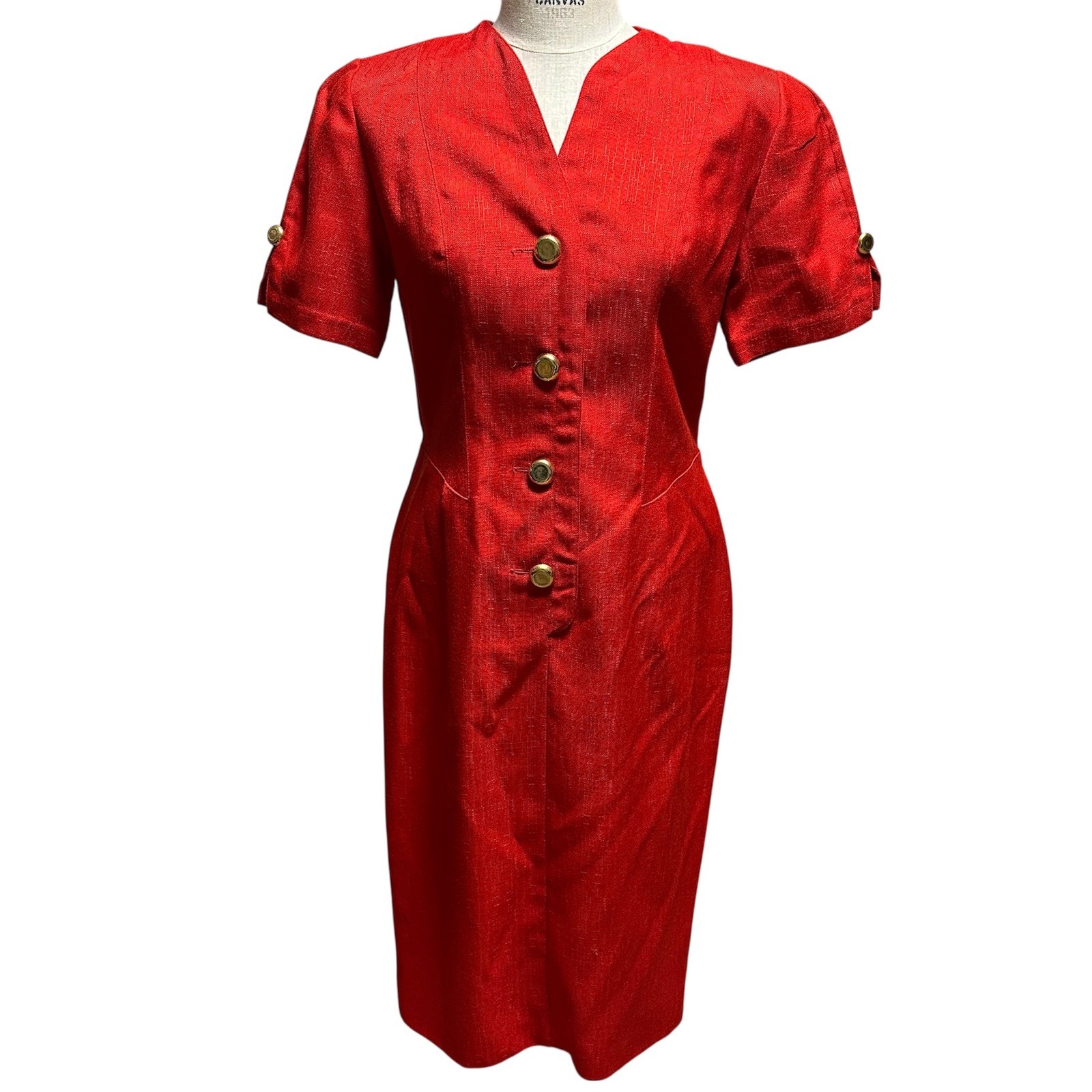 Vintage Oleg Cassini Red Button Front Sheath Dress Short Sleeve 80s Power Midi