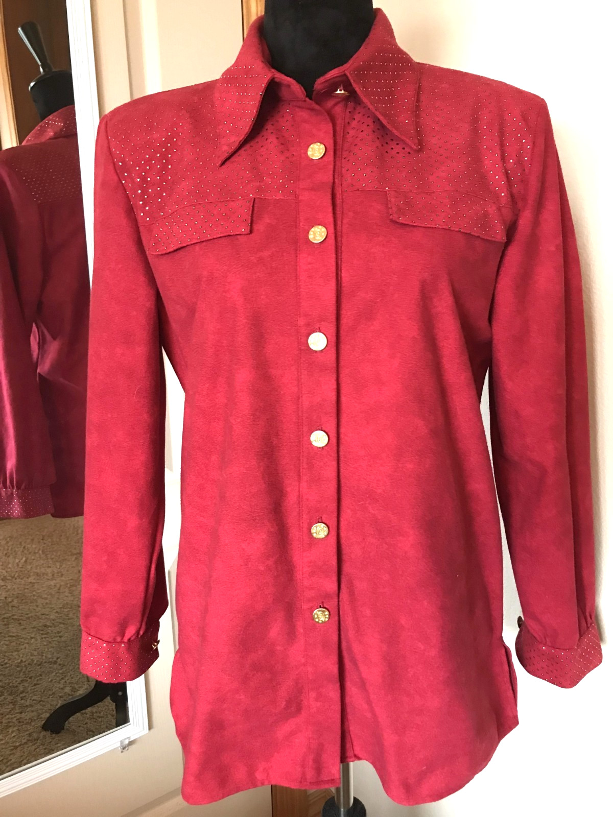 Jordana Metallic Dot Tunic Vintage 70s Blouse Red w/Gold Dots Size Small 6-8