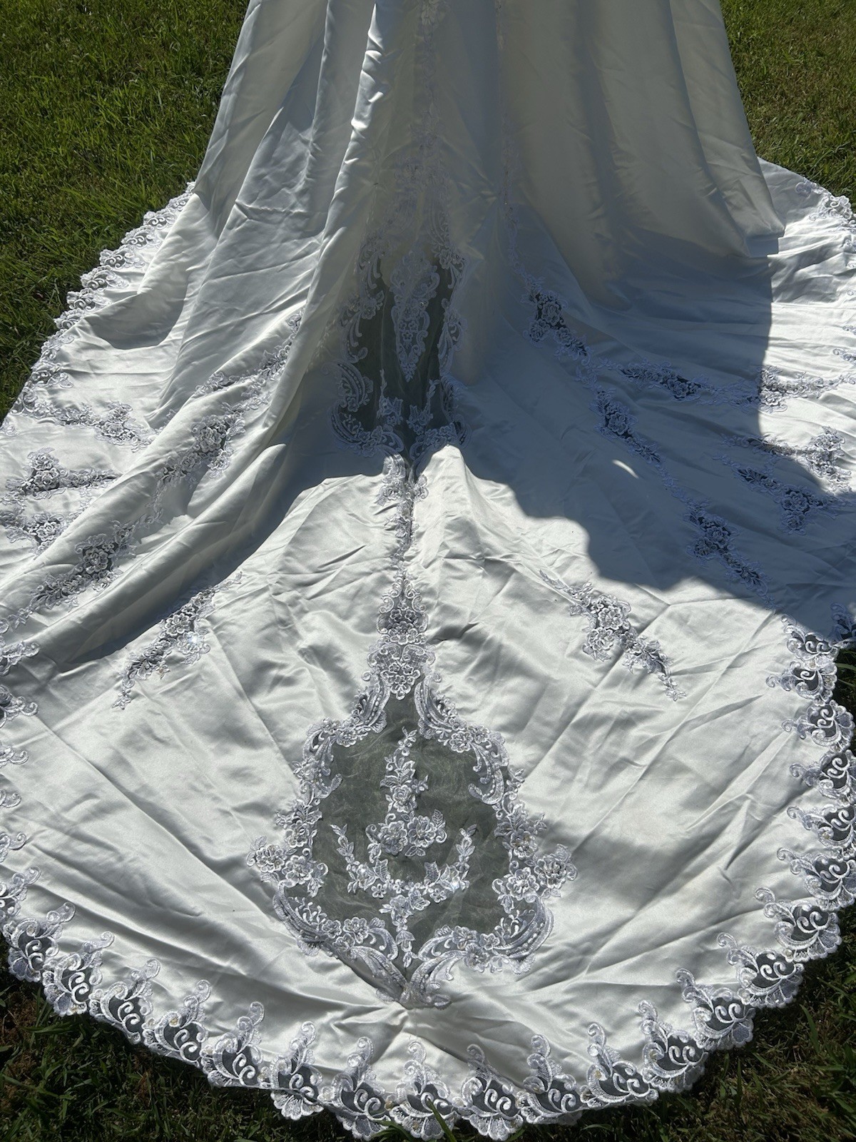 Vtg 80s Ivory Satin Beaded Bride Wedding Dress Short Sleeve Long Train Size 14