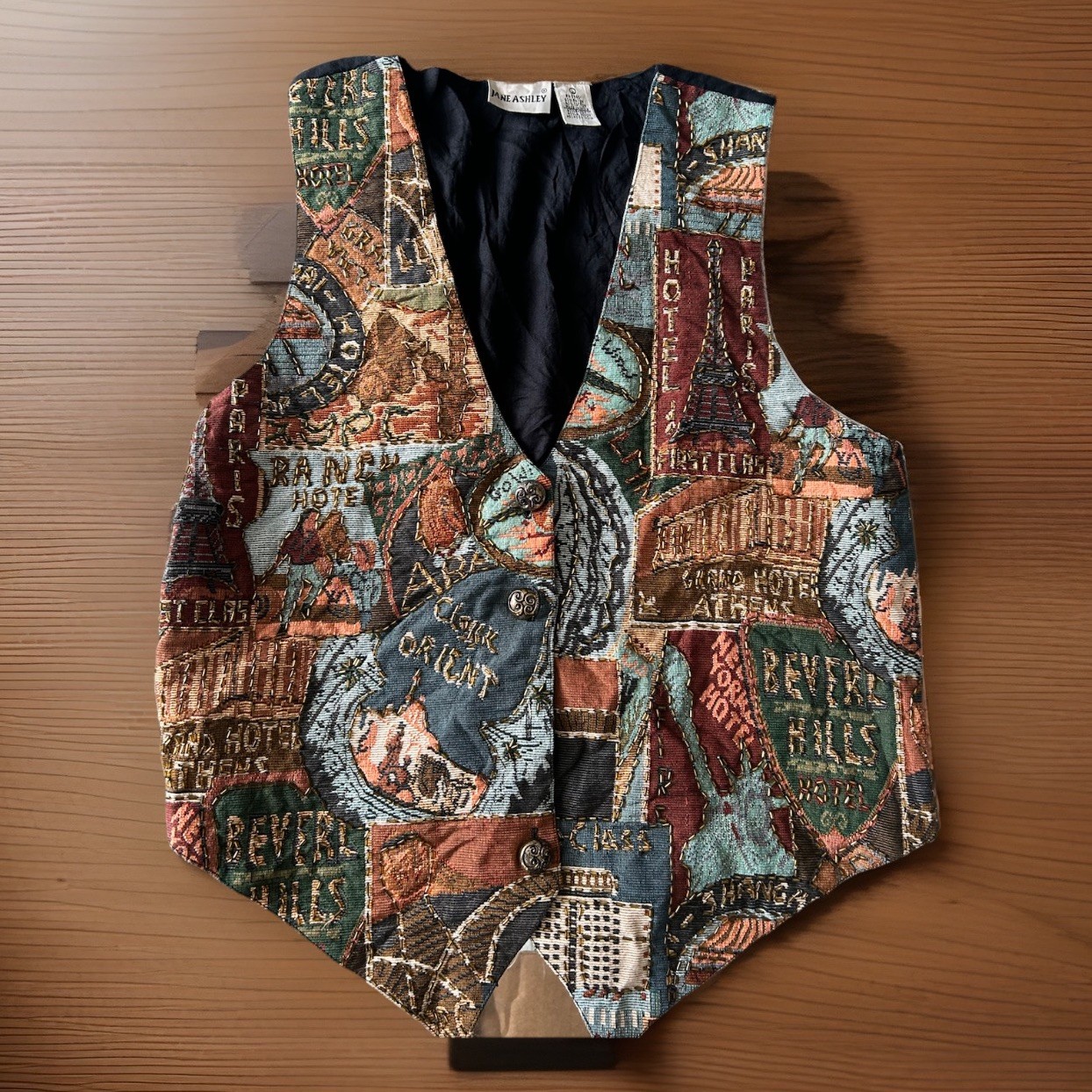Vtg Jane Ashley Tapestry Vest Sz L Beaded Travel Landmarks Boho Artsy Retro