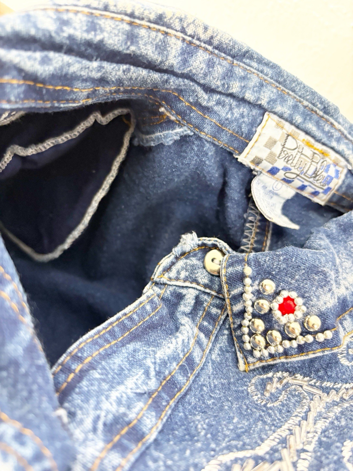 VTG Pretty Bleu Large Beaded Denim Button Shirt & Mom Jeans (26×26) Set GUC