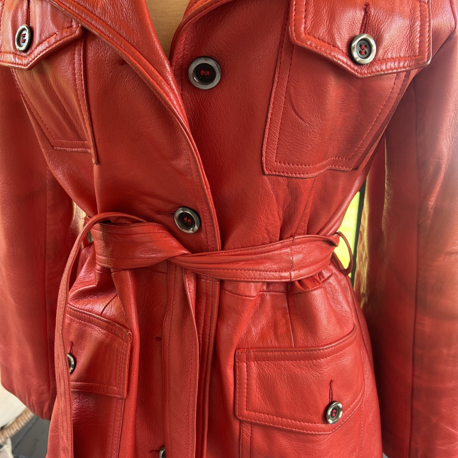 70’s Red Orange Leather Belted MOD jacket By The Parisian New England Sportswea