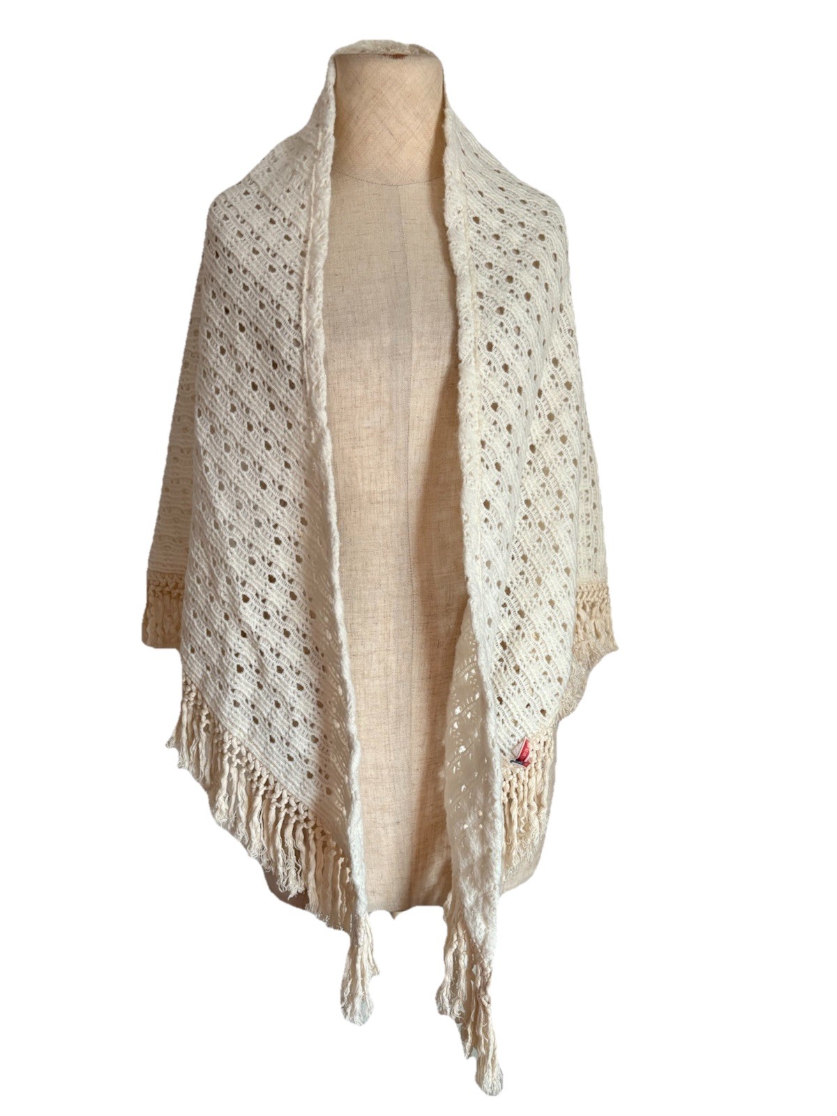OS Vtg Ivory Wrap Knit Shawl Sheer Long Fringe XL Poncho Crochet Festival 70s