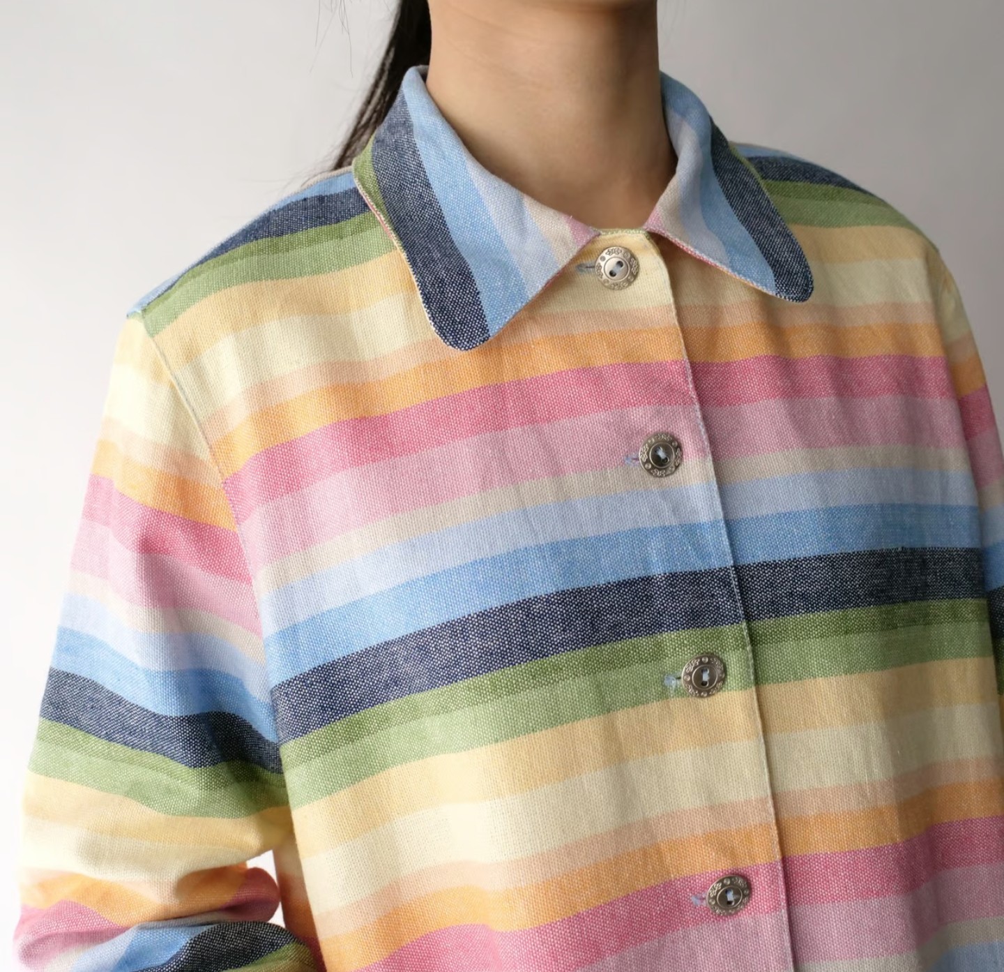 Retro Pastel Rainbow Strip Linen Blend Shirt Jacket 18 Pocket Festival Coachella