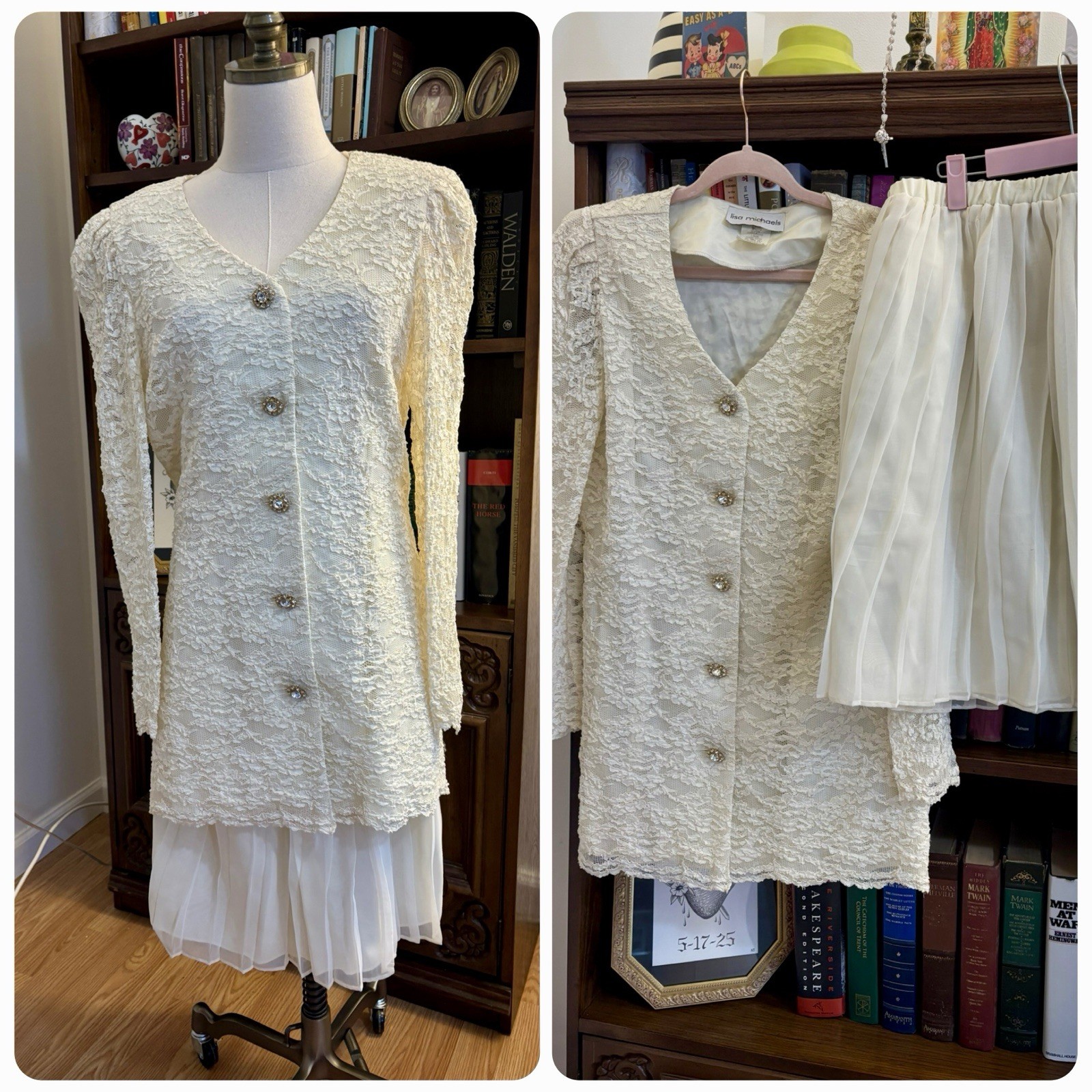 Lisa Michaels Vintage Ivory Lace Top & Pleated Skirt Set Size 14 Polyester Rayon