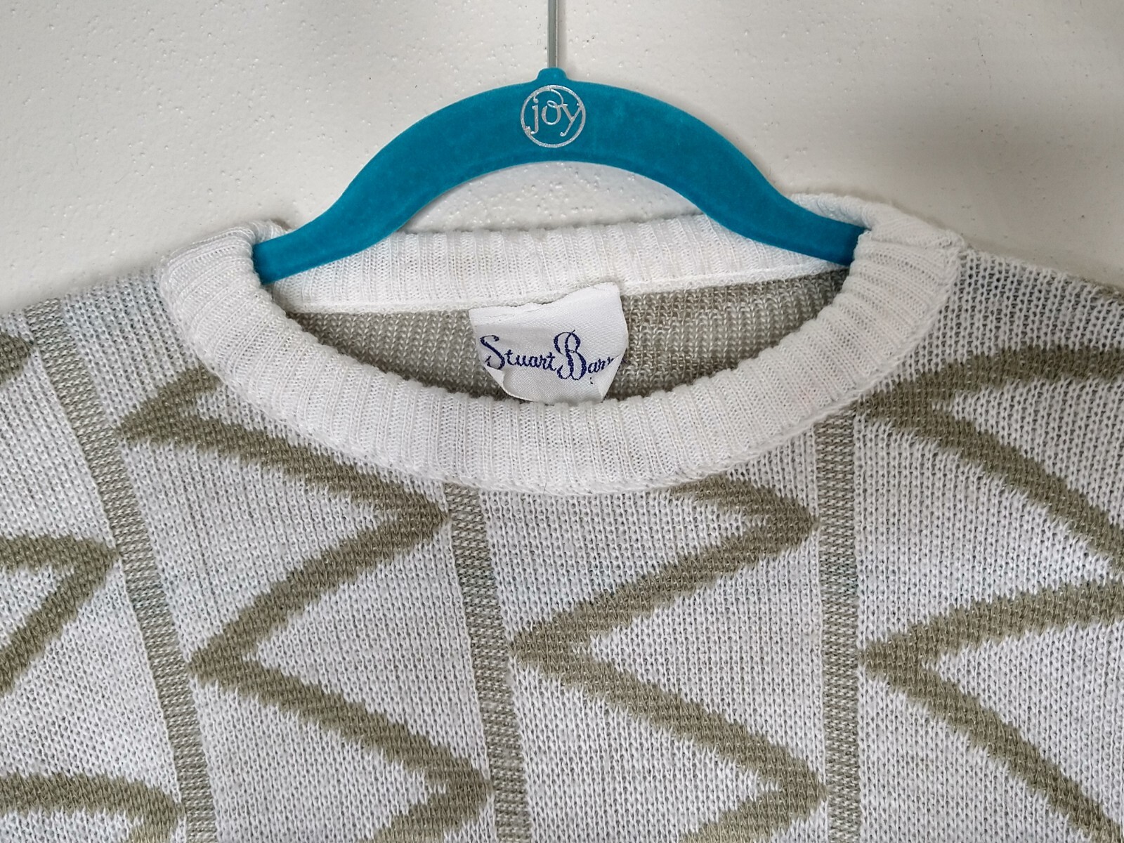 Vtg Acrylic Geometric Sweater Knit Crew Neck 80s 90s S Retro White Tan Preppy