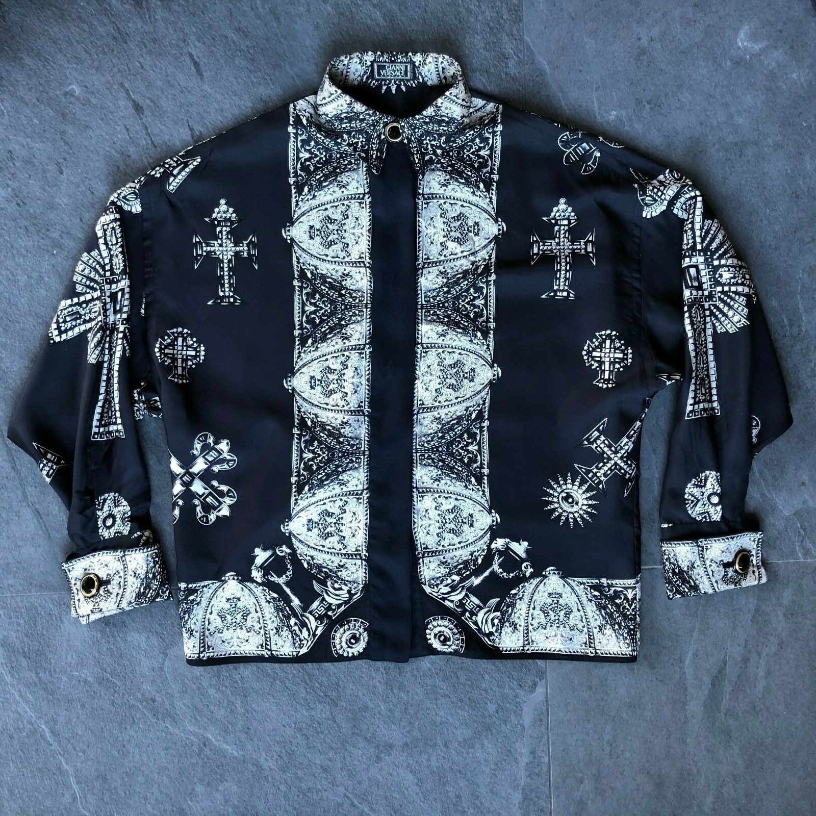 GIANNI VERSACE silk shirt w/ french cuffs Le Croci print size 42 F/W 1991/92