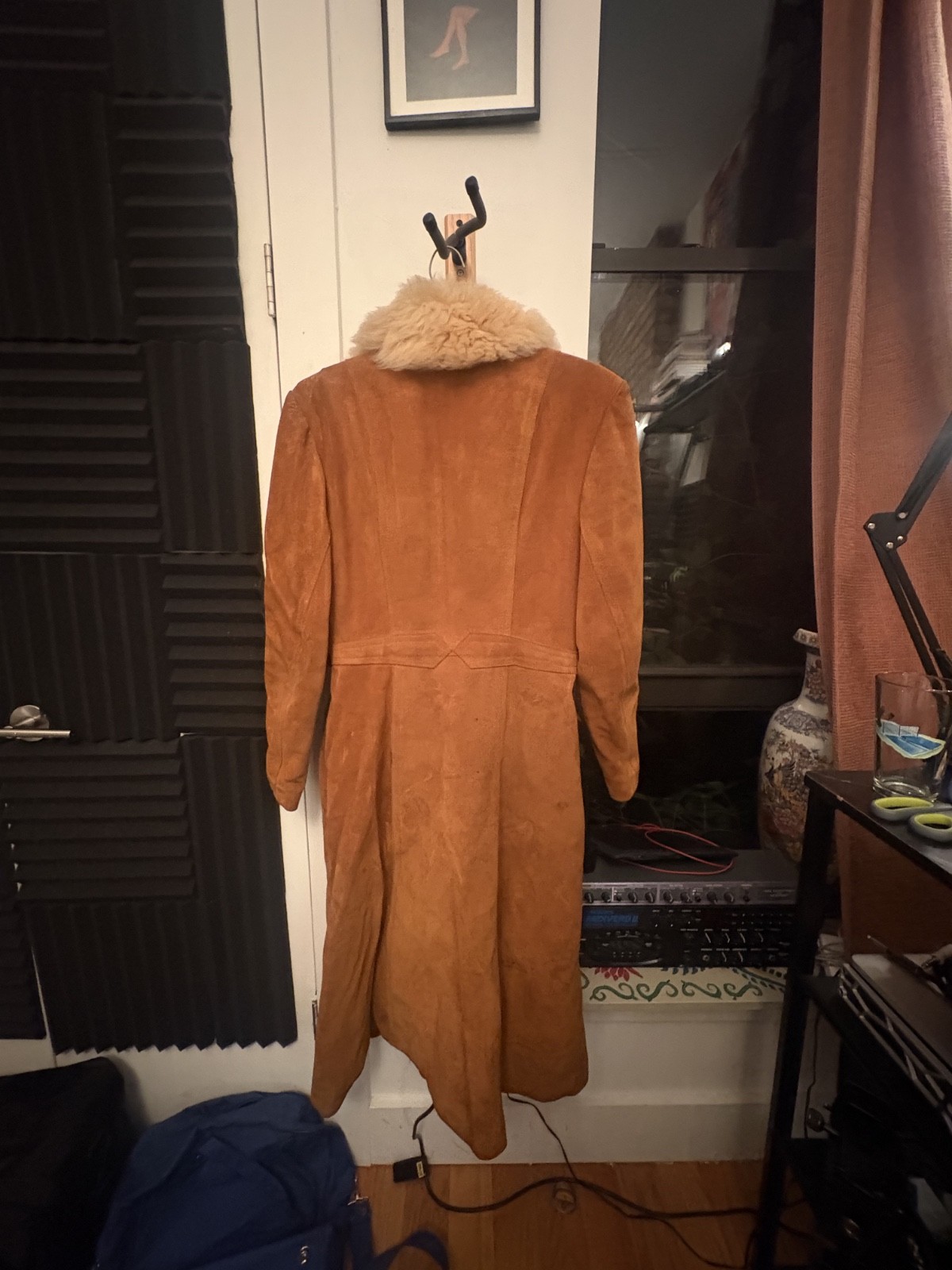 Vintage 70s Genuine Suede Maxi Coat w/ Ivory Curly Shearling Collar | Cognac Lea