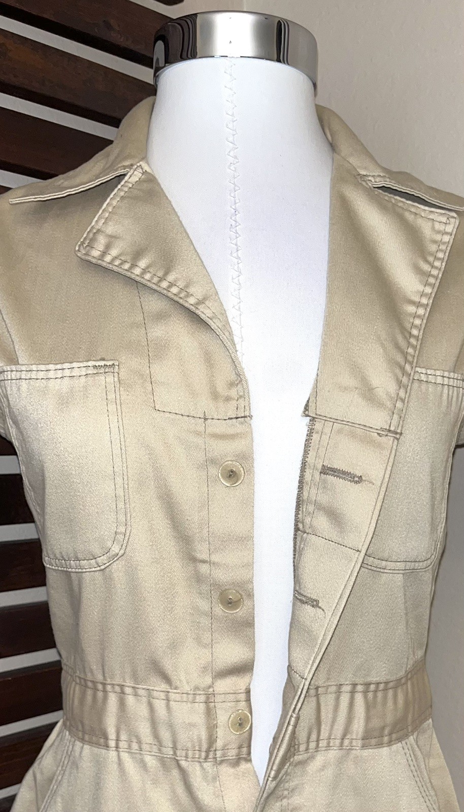 JC Penney Fashions 1970s 70s Vintage Beige Short Sleeve Wide Leg Jumpsuit Pocket