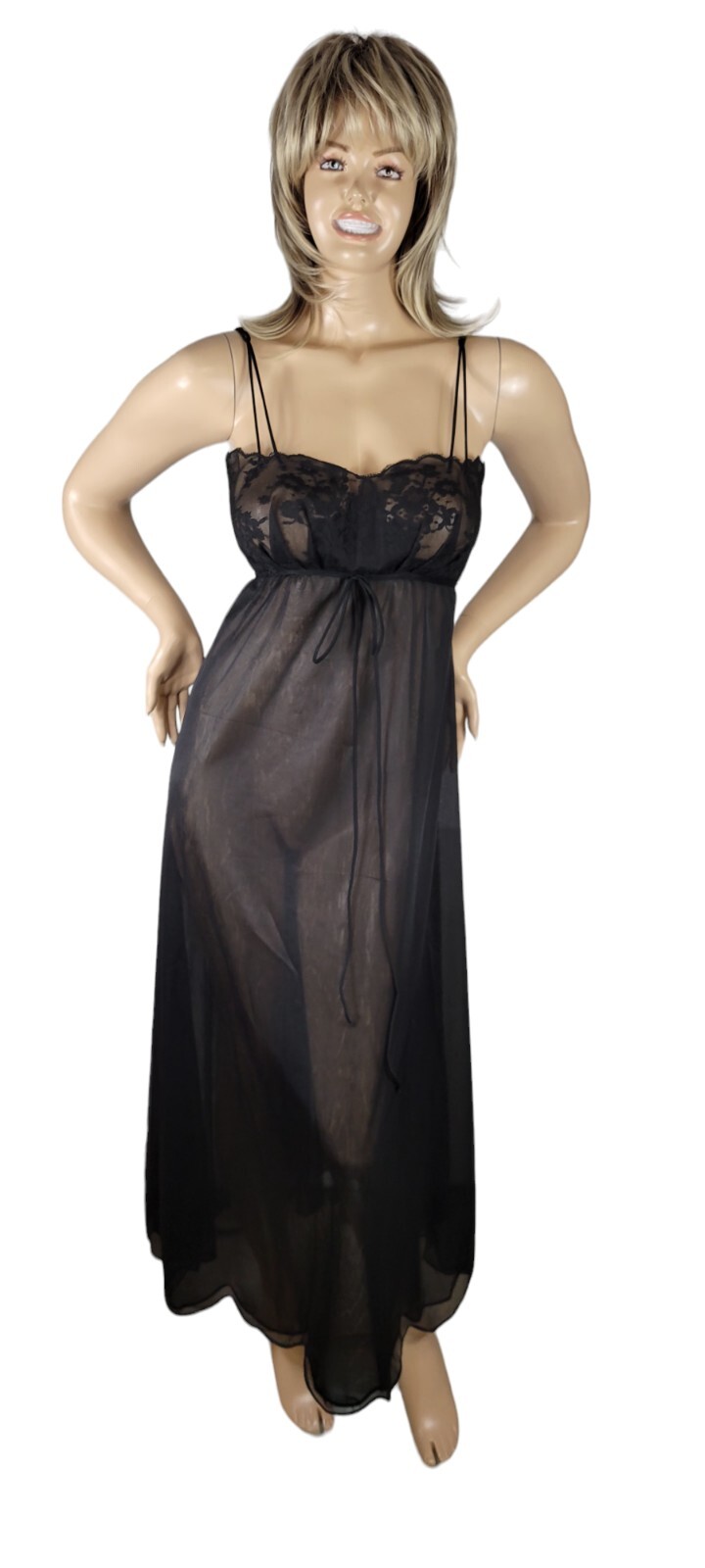 Vintage 60s Eyeful By The Flaums Double Chiffon & Lace Nylon Black Nightgown 36