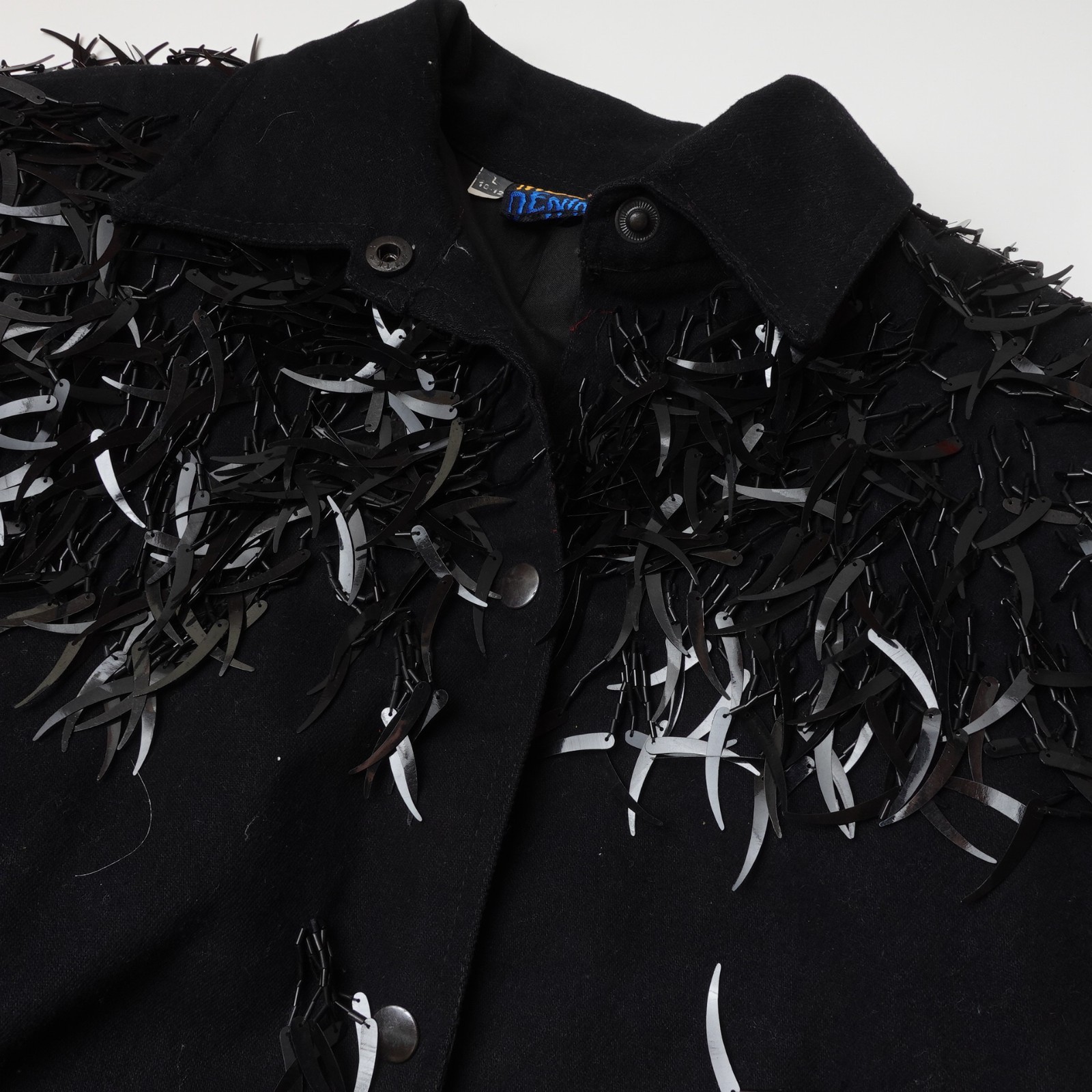 Vintage Modi Denim Feather Sequin Jacket Women Size Large Black Beaded Fringe