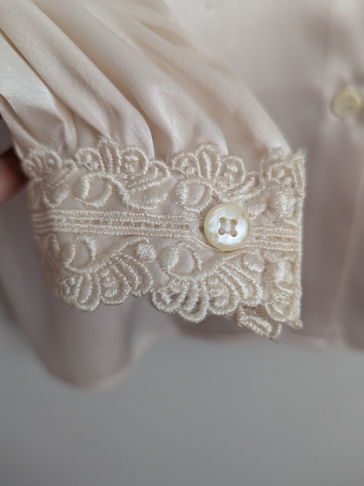 Vintage 1980s Satin Blouse Victorian Cottage Embroidered Lace High Neck Feminine
