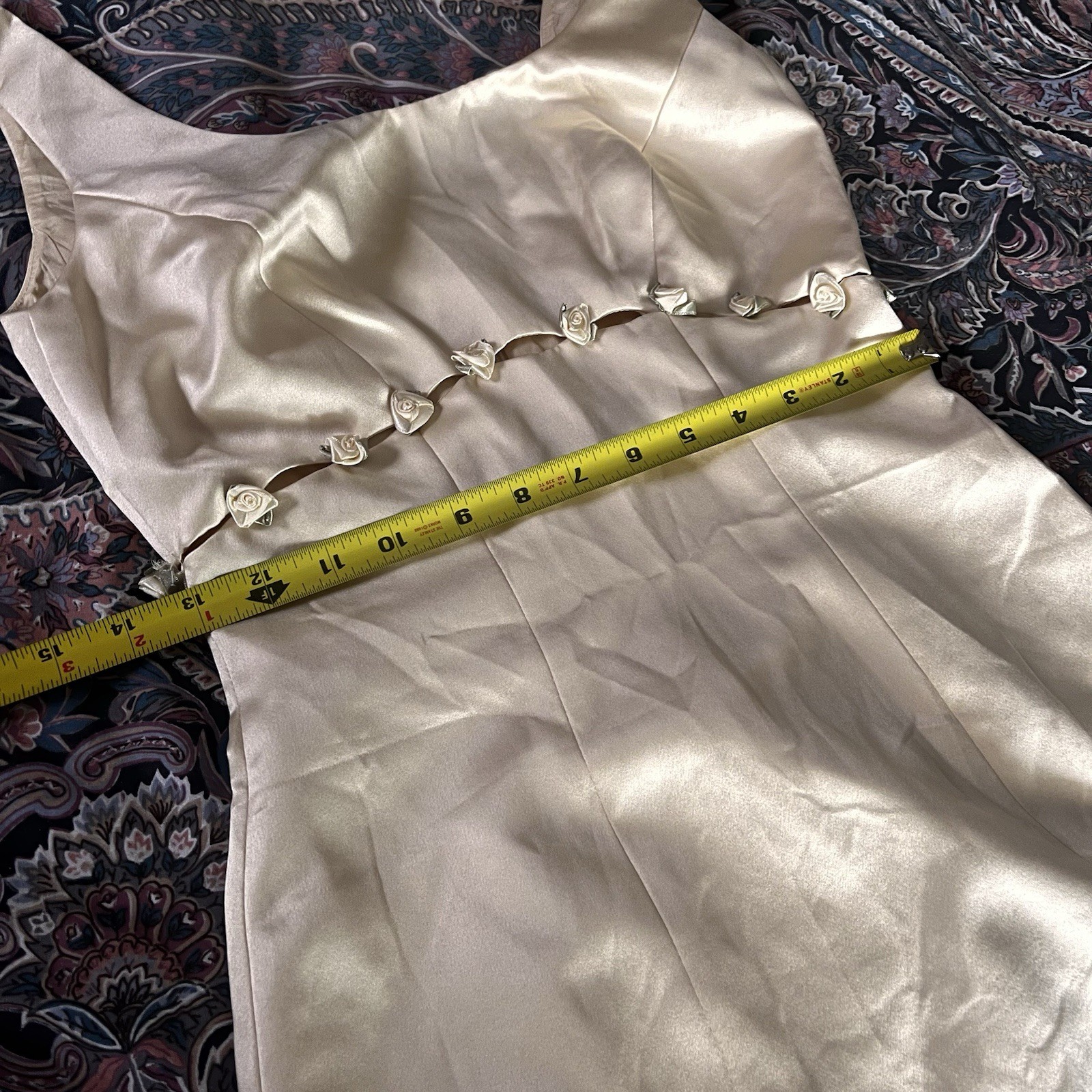 Cache 90s Rare Champagne Waist Cutout Roses Vintage Satin Mini Dress Sleeveless