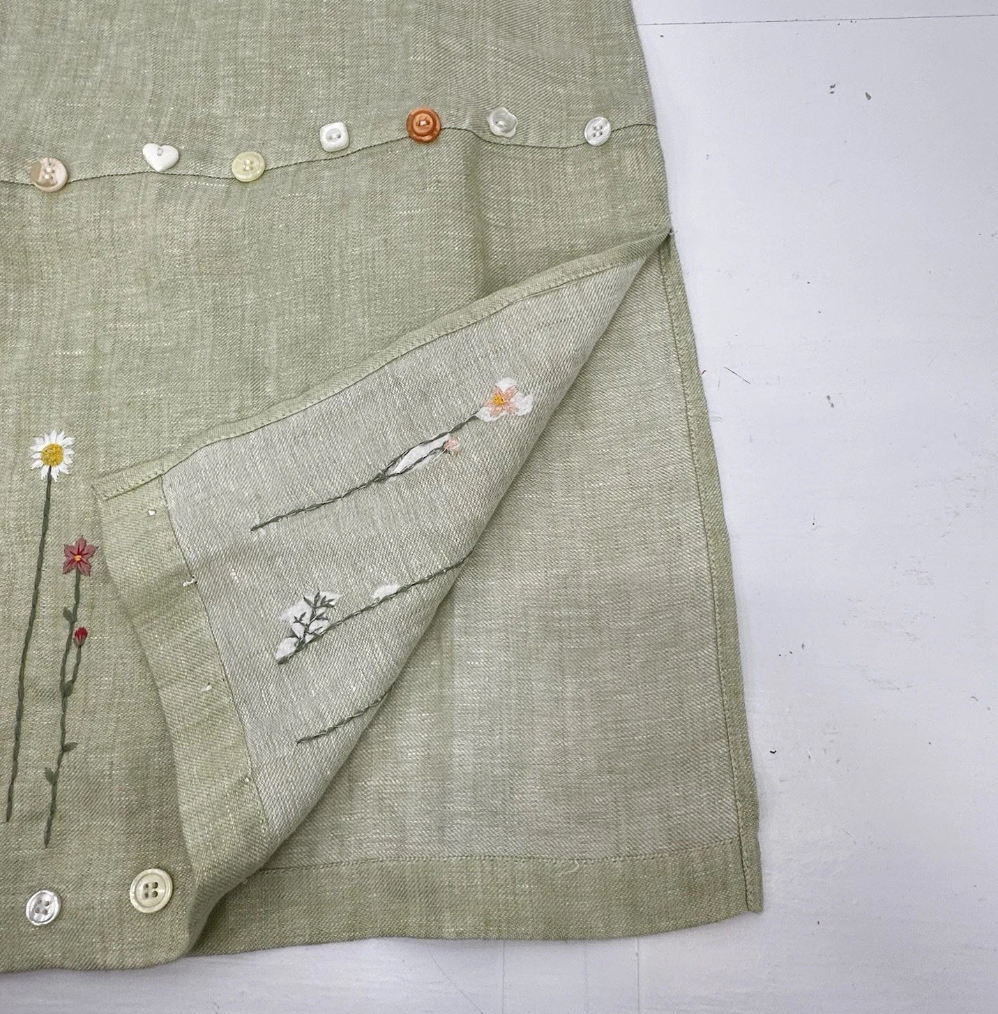 VTG CarolAnderson Linen Green Embroidered Dress USA Cottagecore Prairie M READ