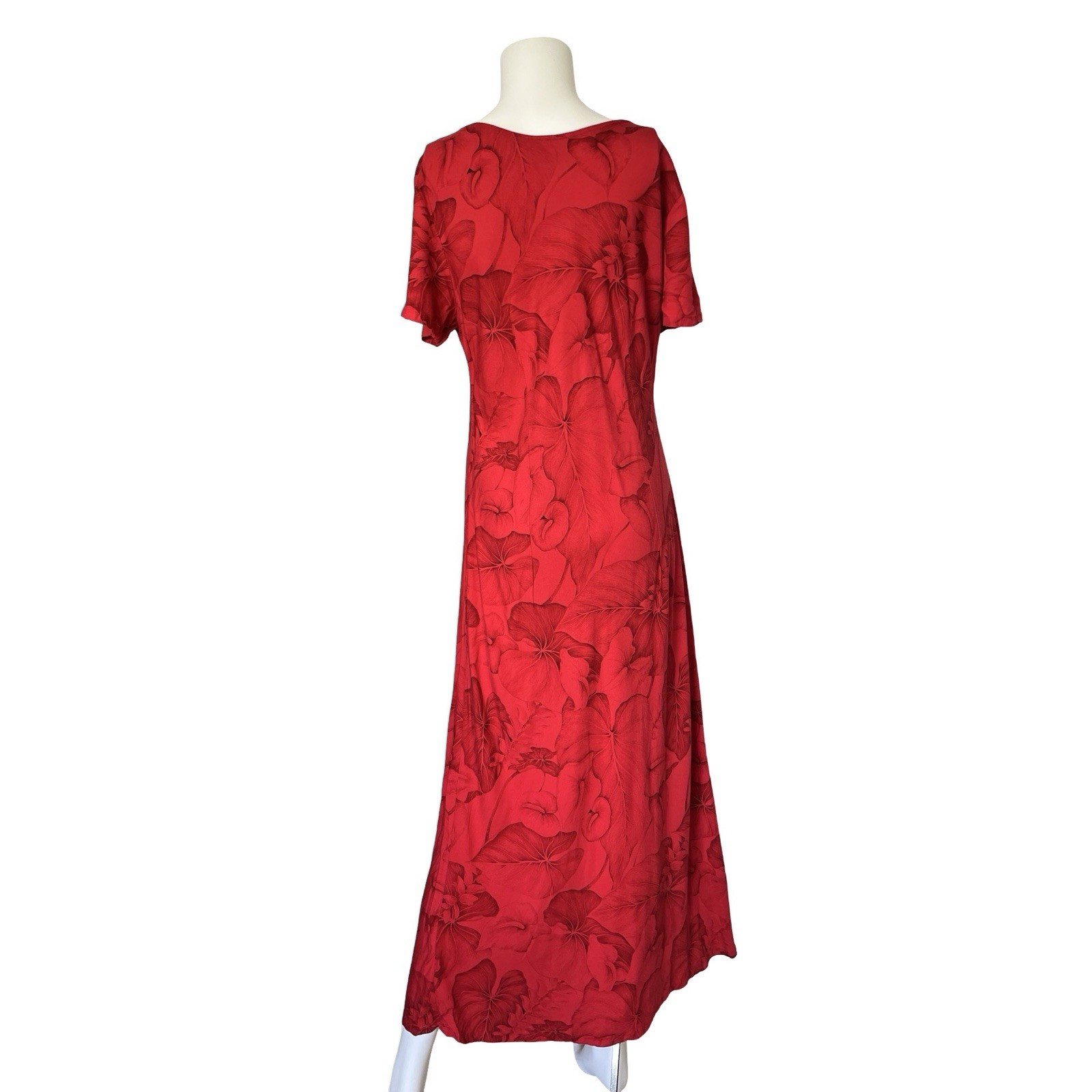 Vintage Hilo Hattie Hawaiian Maxi Dress Red Floral Print Womens Size Large