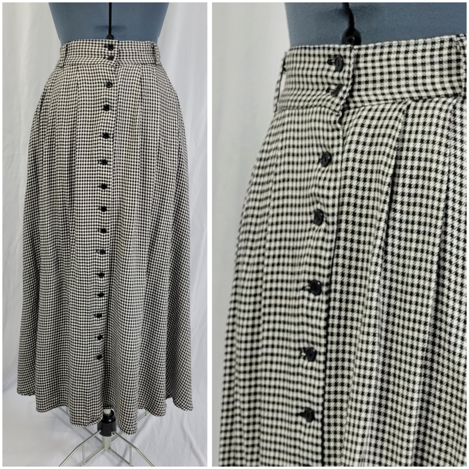 Vintage Moda Int’l Black & White Houndstooth Button Down Maxi Skirt Size 10