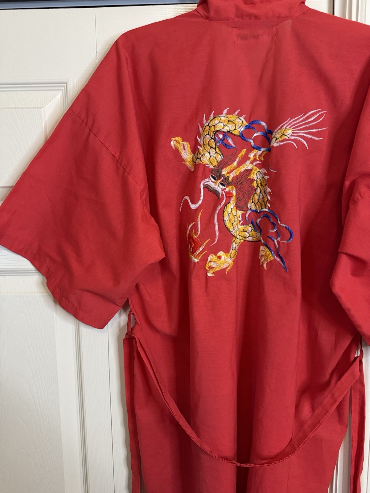 Daffodil Vintage Chinese Dragon Robe Embroidered Kimono Red Cotton Blend OS