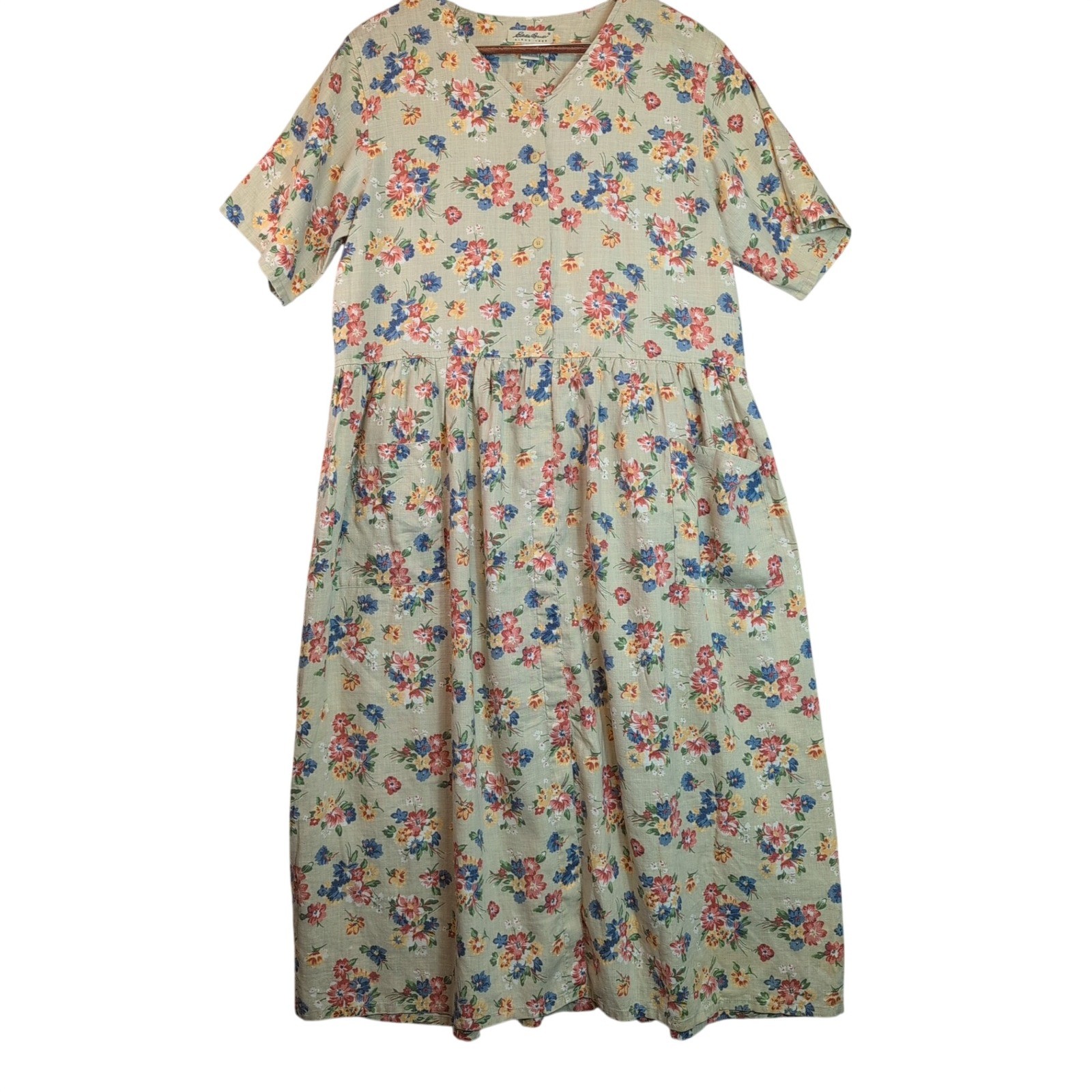 VTG 90’s Eddie Bauer 100% Linen Floral Drop Waist Dress Wmns Large Cottagecore