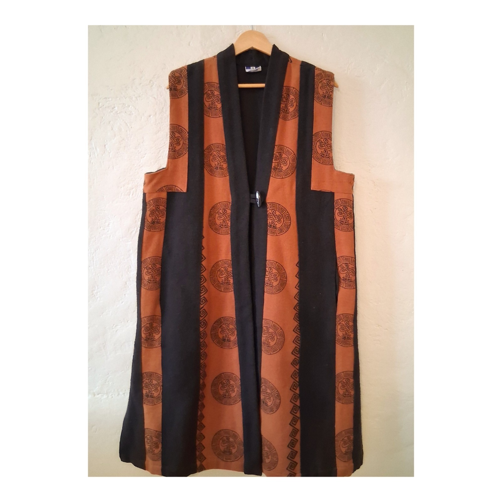 Vintage Ganesh Nepal Quilted Long Vest Duster Tibetan Boho Ethnic Print M