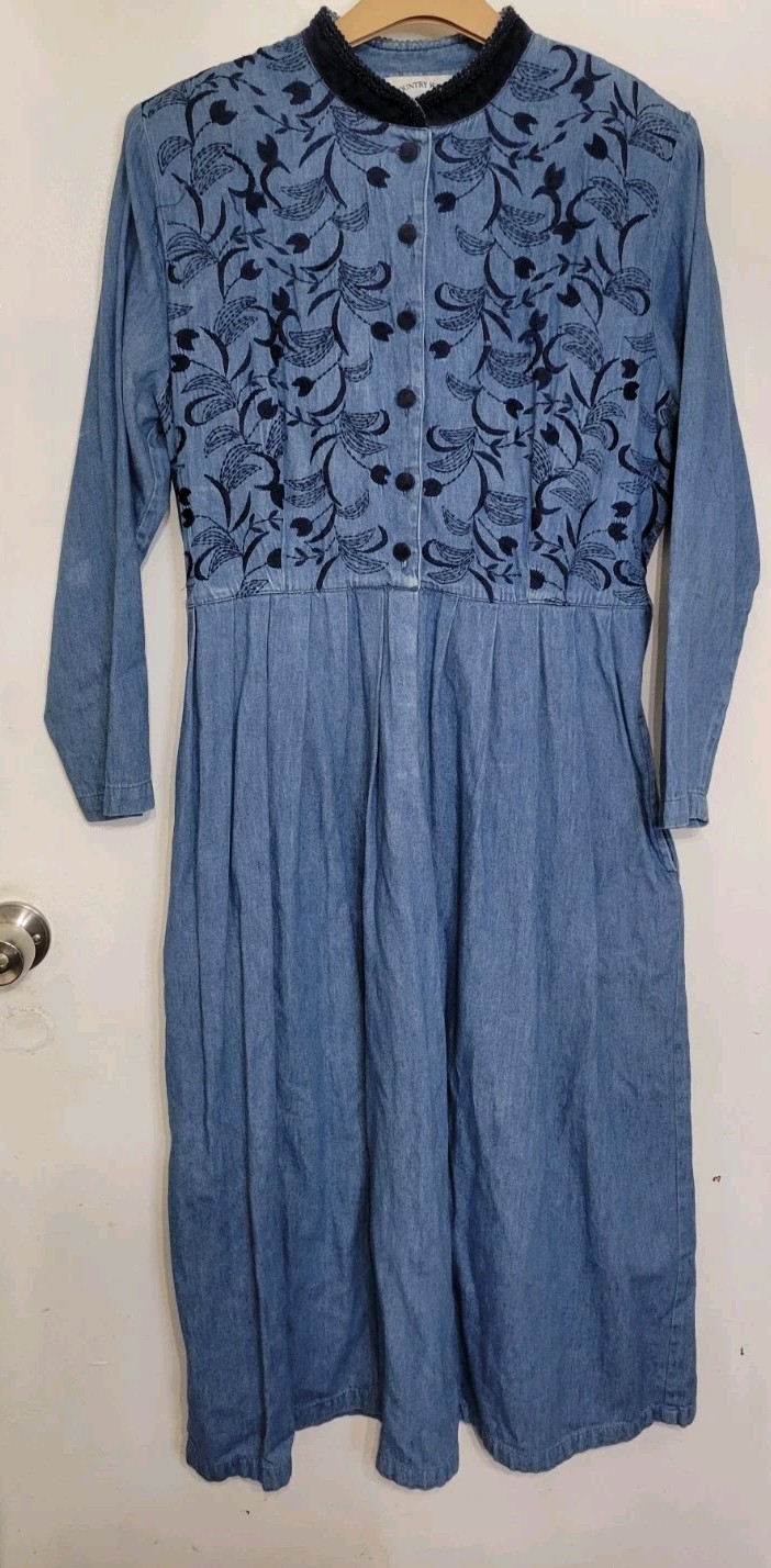 Country Wear Long Sleeve Denim Dress Velvet Trim Embroidered M? SEE MEASUREMTS