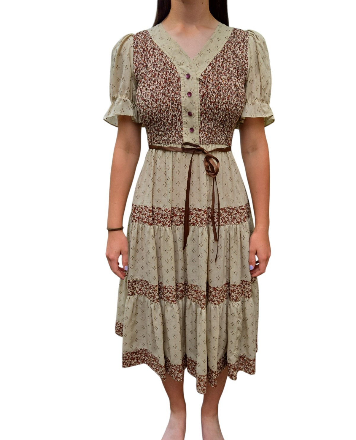 Candi Jones Prairie Dress Size 7 Brown Cream Floral Midi Smocked Ribbon Vintage