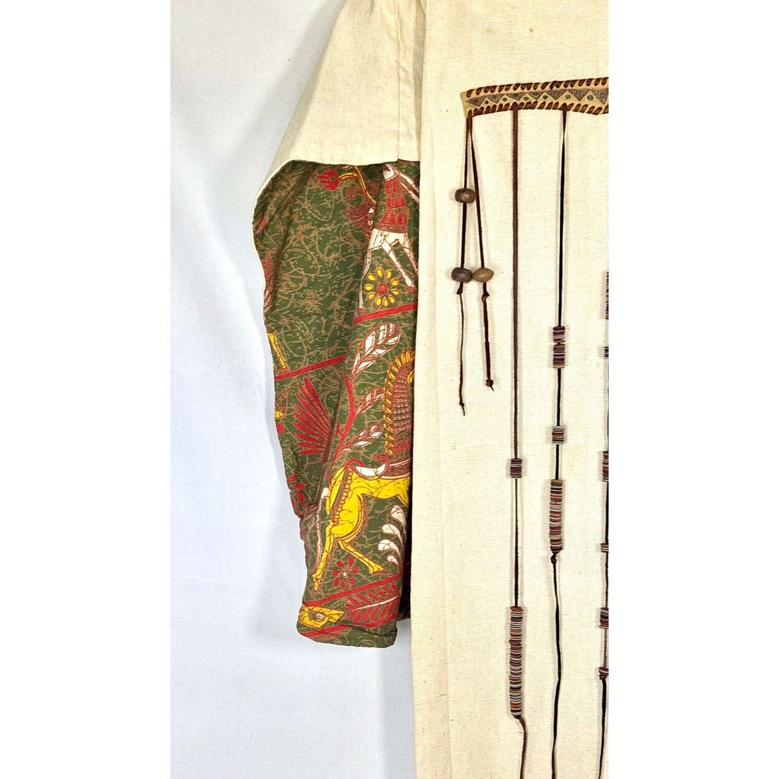 Vintage 1970s Barbara Matamoros Canvas Cape Dress African Barkcloth Print