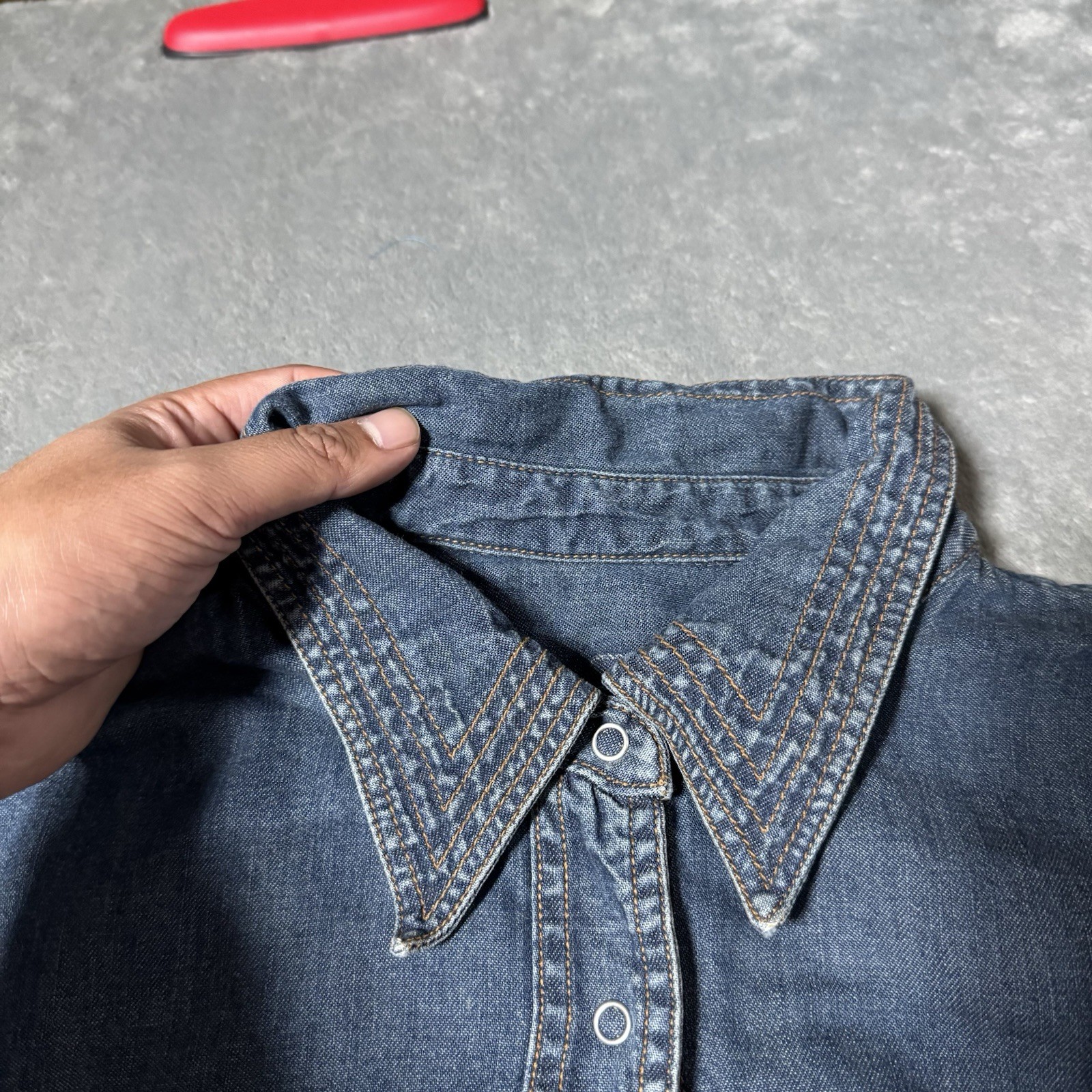 VTG 80s Womens Denim Sharp Collar 3/4 Sleeve Button Snap Shirt Size L 21×27