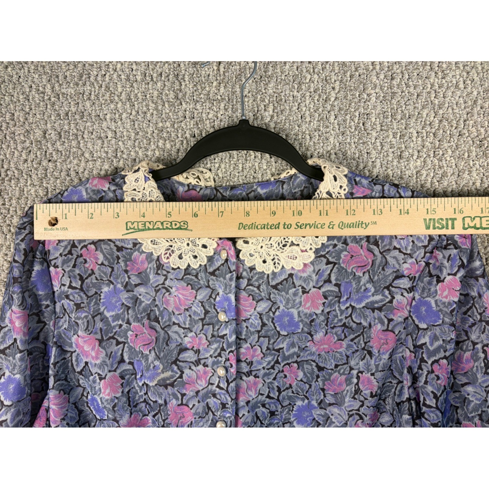Vintage Sue Sherry 70s Union Made Belted Shoulder Pad Floral Lace Dress 16