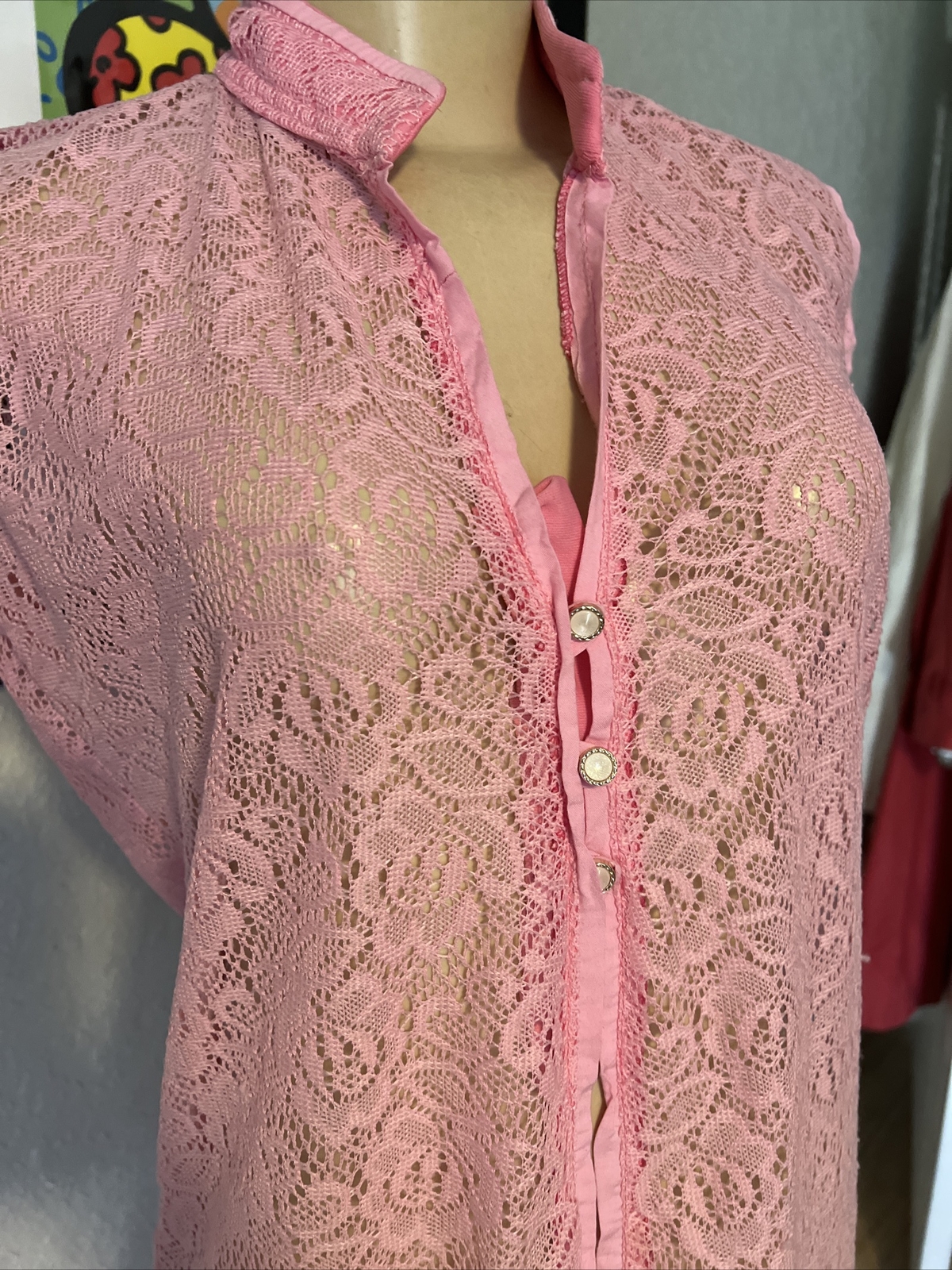 VTG Duster Cardigan Sheer Lace Rose Floral Peal Like Buttons Sz Small y2