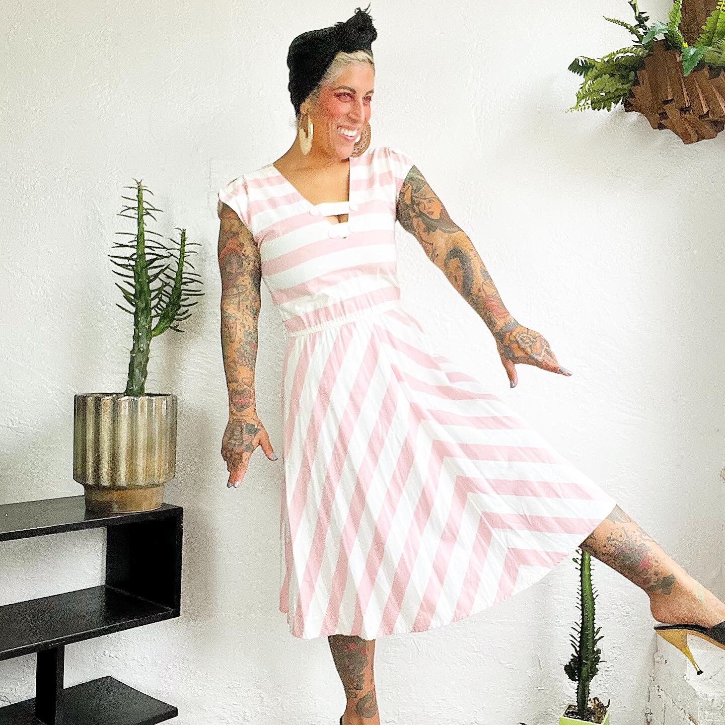PINK & WHITE 1980’s 80s Vintage Chevron Cotton Striped Sailor Dress Sundress S M