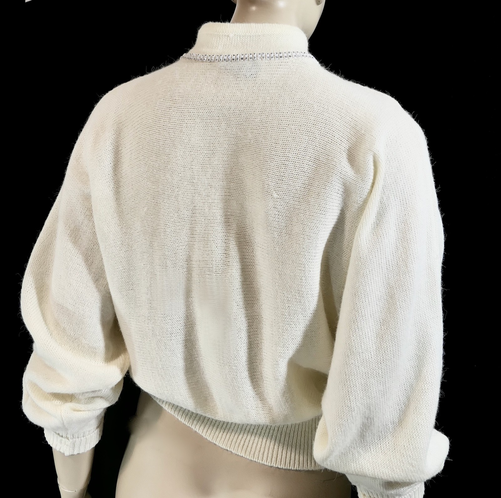Vintage 70s 80s Rockabilly Rhinestone Creamy White Cropped Dolman Sweater XL