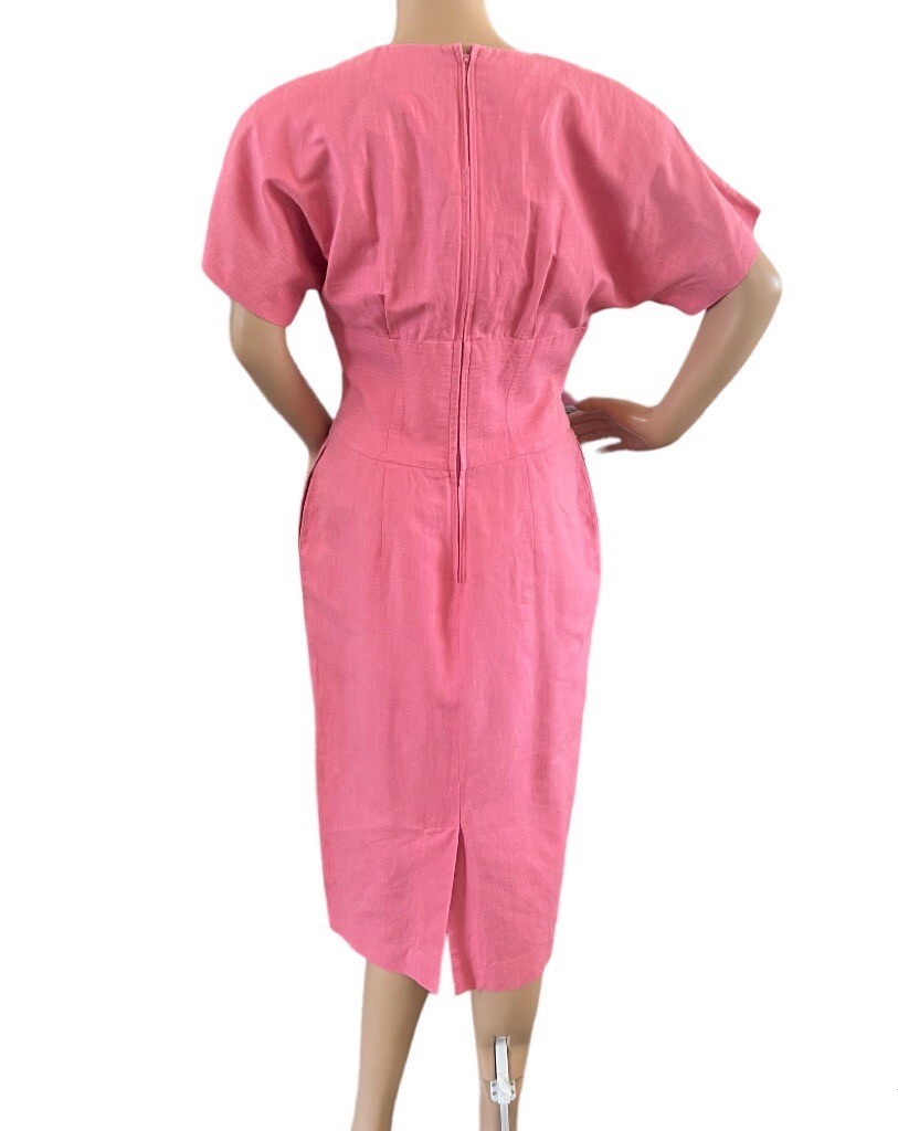 Vintage Horchow Womens Pink Linen Blend Pleated Dress Pockets Size 6