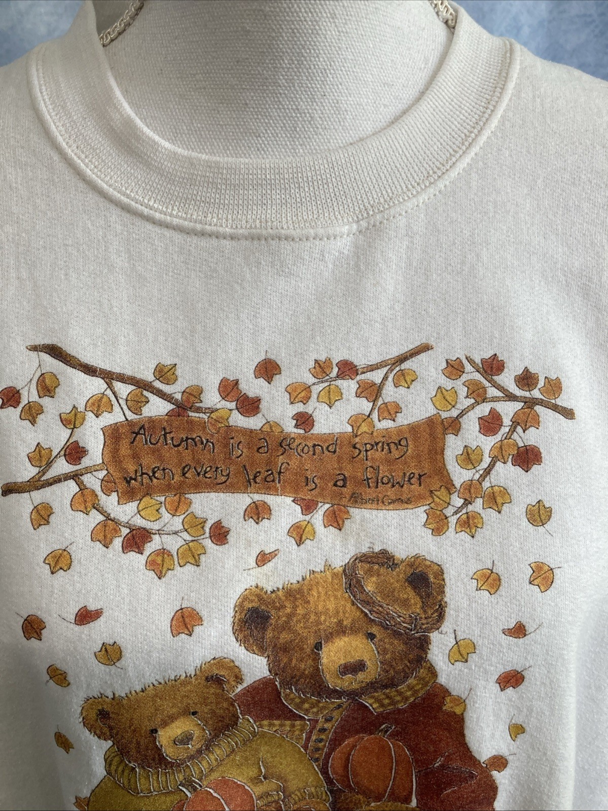 VTG 90s Jerzees NuBlend Grandmacore Autumn Sweatshirt XL White Teddy Bears Fall