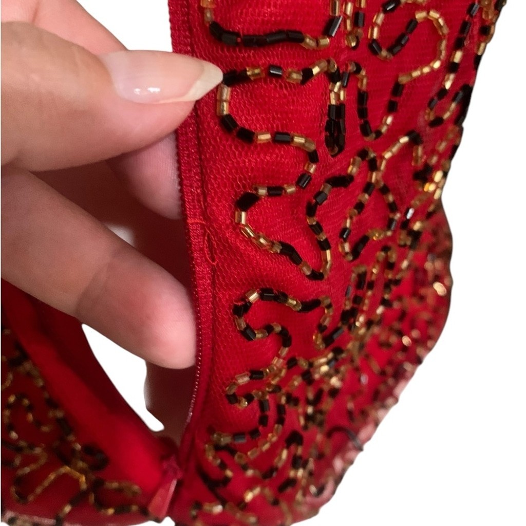 Vntg 90’s Marina red, gold and black beaded high neck short sleeved top sz small