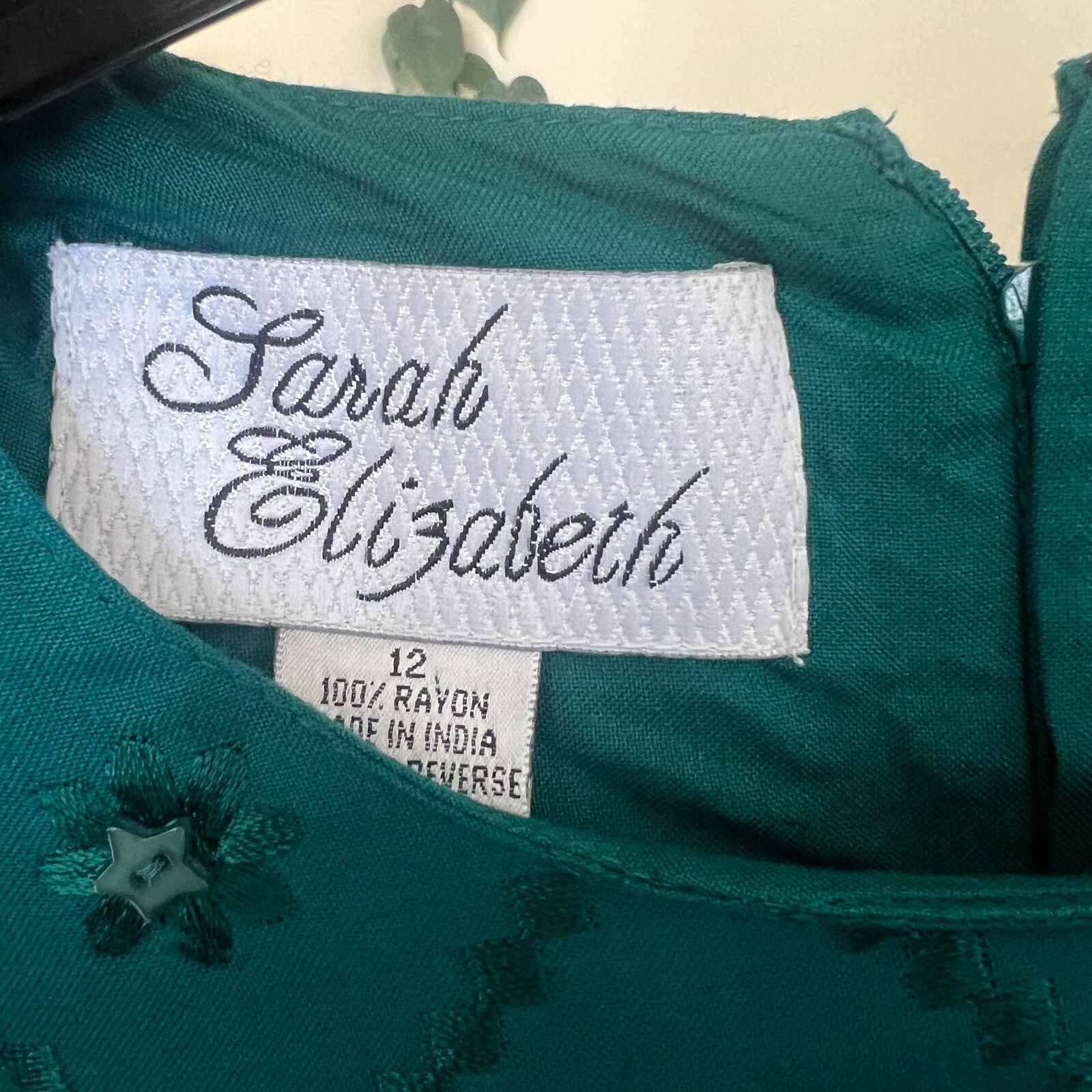 Sarah Elizabeth Long Sleeve Green Vintage Dress sz 12 Embroidered Made in India