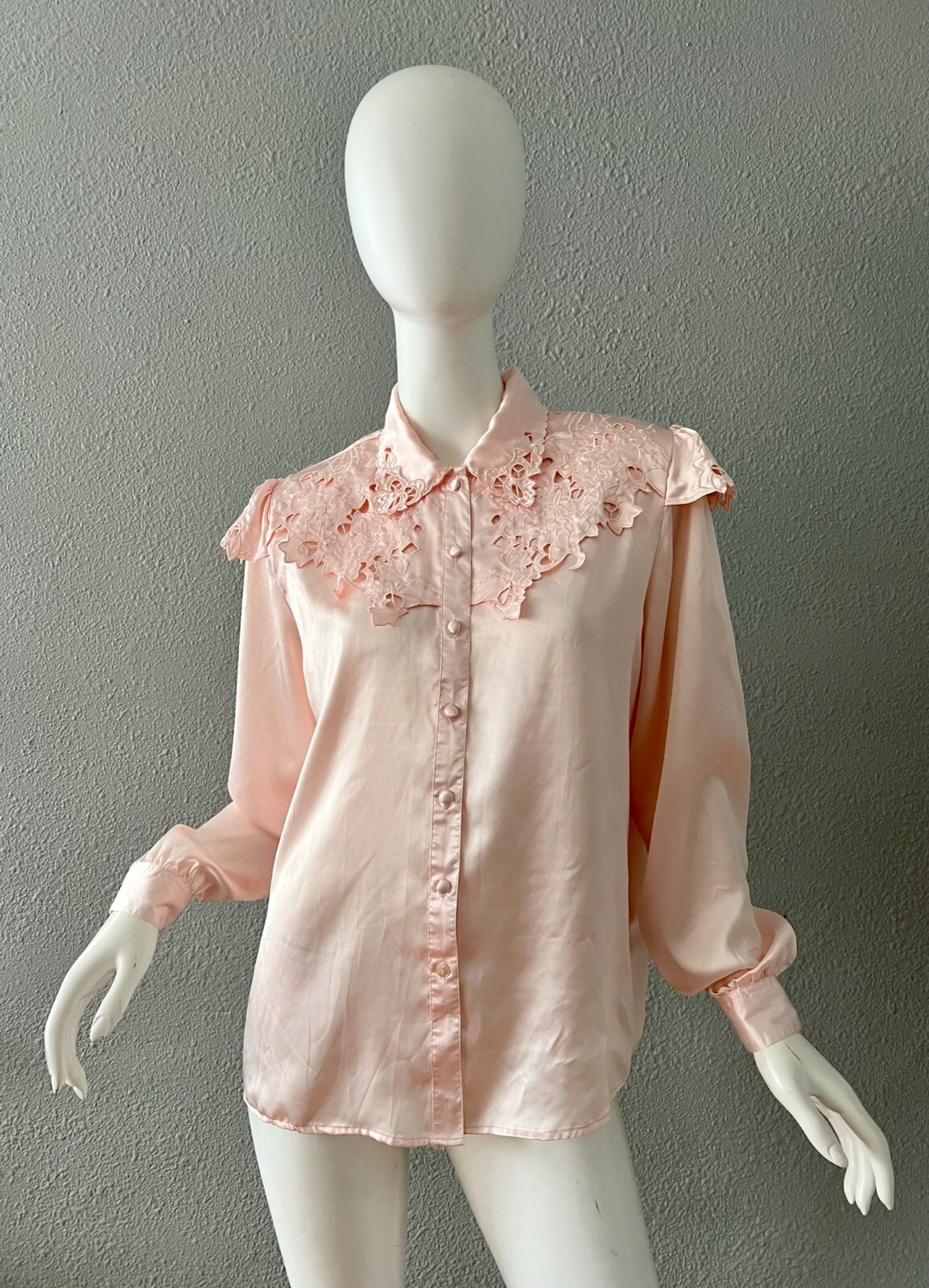 Vintage Light Pink Silky Liquid Satin Button Secretary Blouse Top M