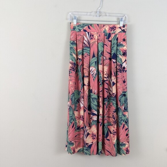 Vintage tropical print 100% rayon skirt Lee David ltd size 6 coral pink floral