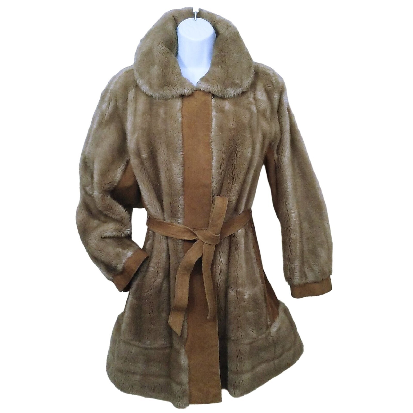 Vintage 60s-70s Lilli Ann UK-Made Suede FauxFur Coat Lady-L(14) Pockets Belt Tan