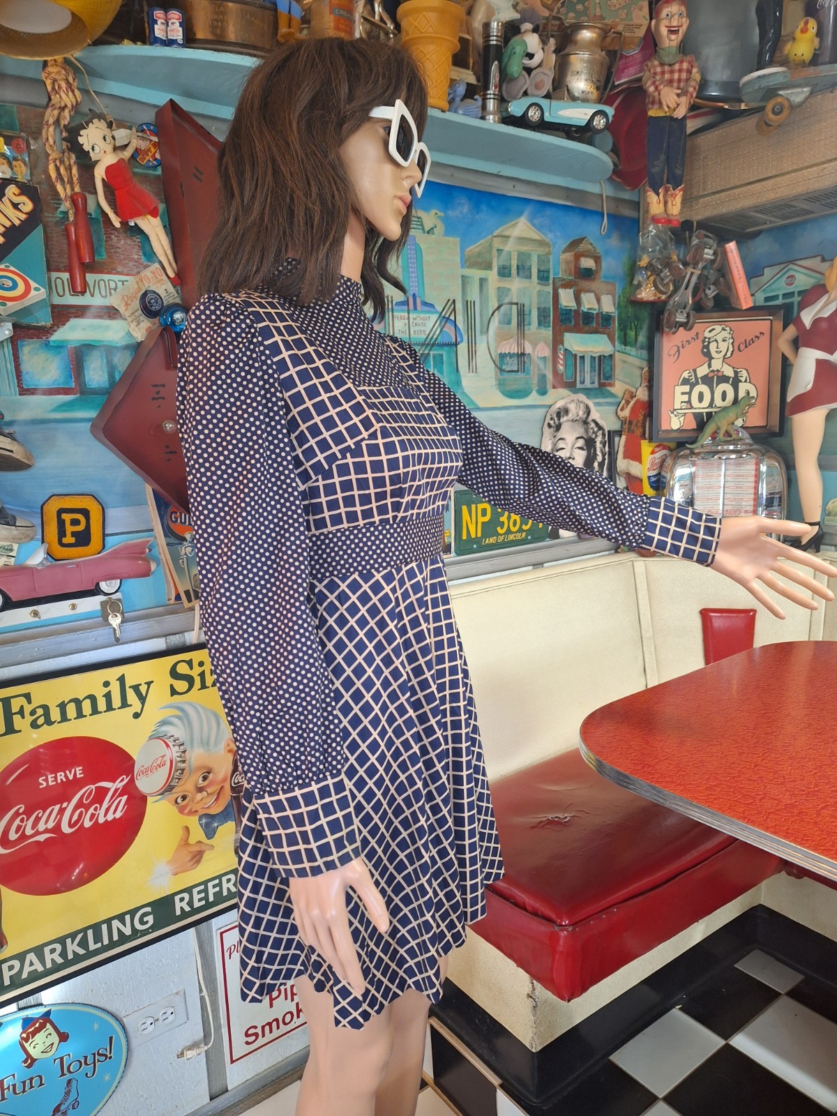True VTG Mid-century Mod 1960s 70s High Neck Mini Dress Polka Dot Pinafore XS/S
