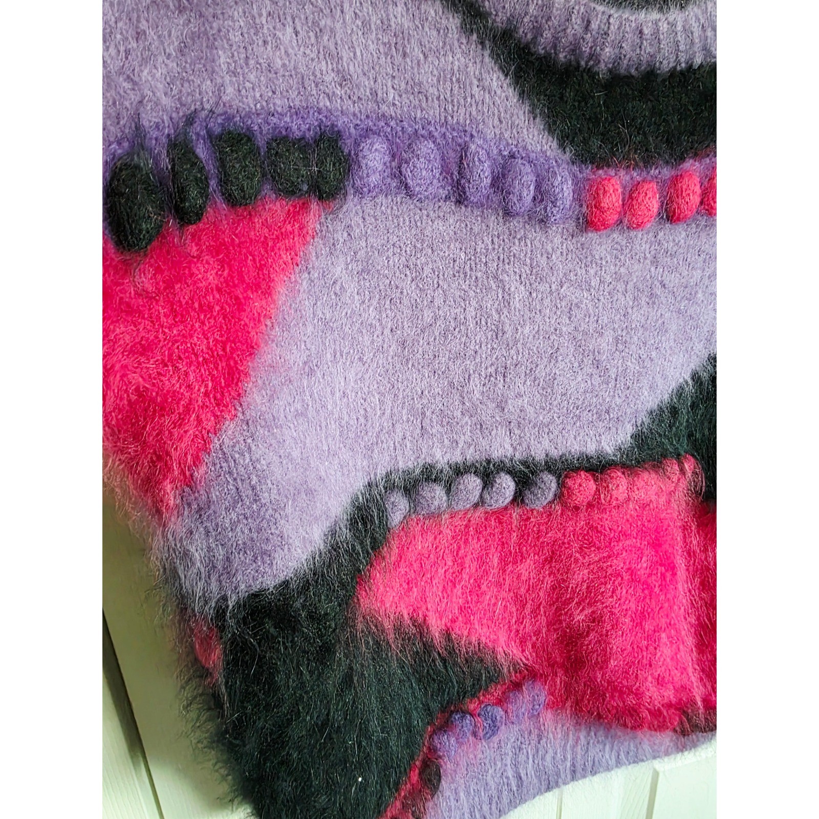 Vintage 80s L Angora Lambswool Abstract Colorblock Fuzzy Sweater Purple Pink