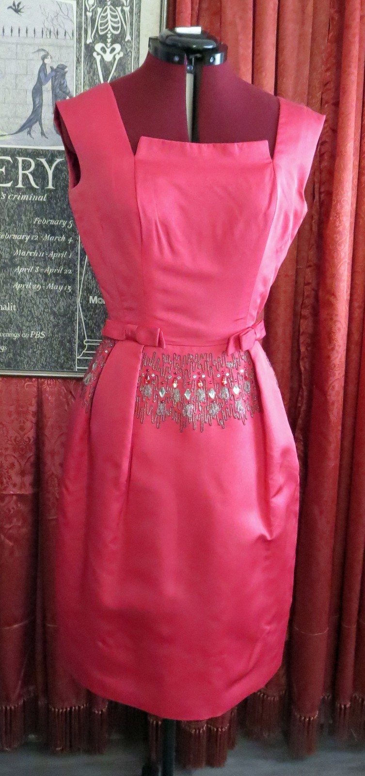 1950s 1960s Hot Pink 100% Silk Beaded Cocktail Party Dress Marjorie Michael S
