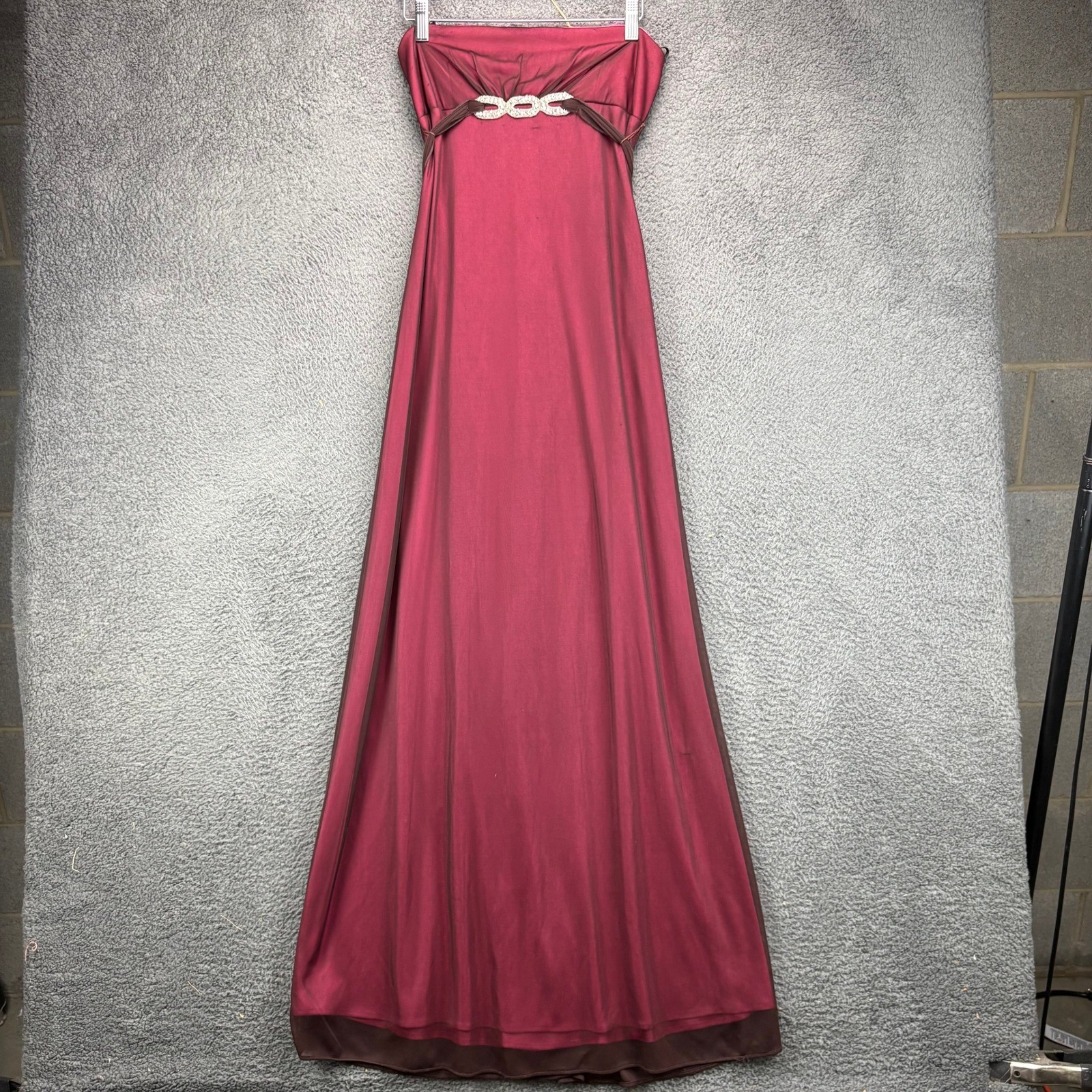 Roberta Vintage Y2K Strapless Rhinestone Evening Gown Burgundy Maroon Small