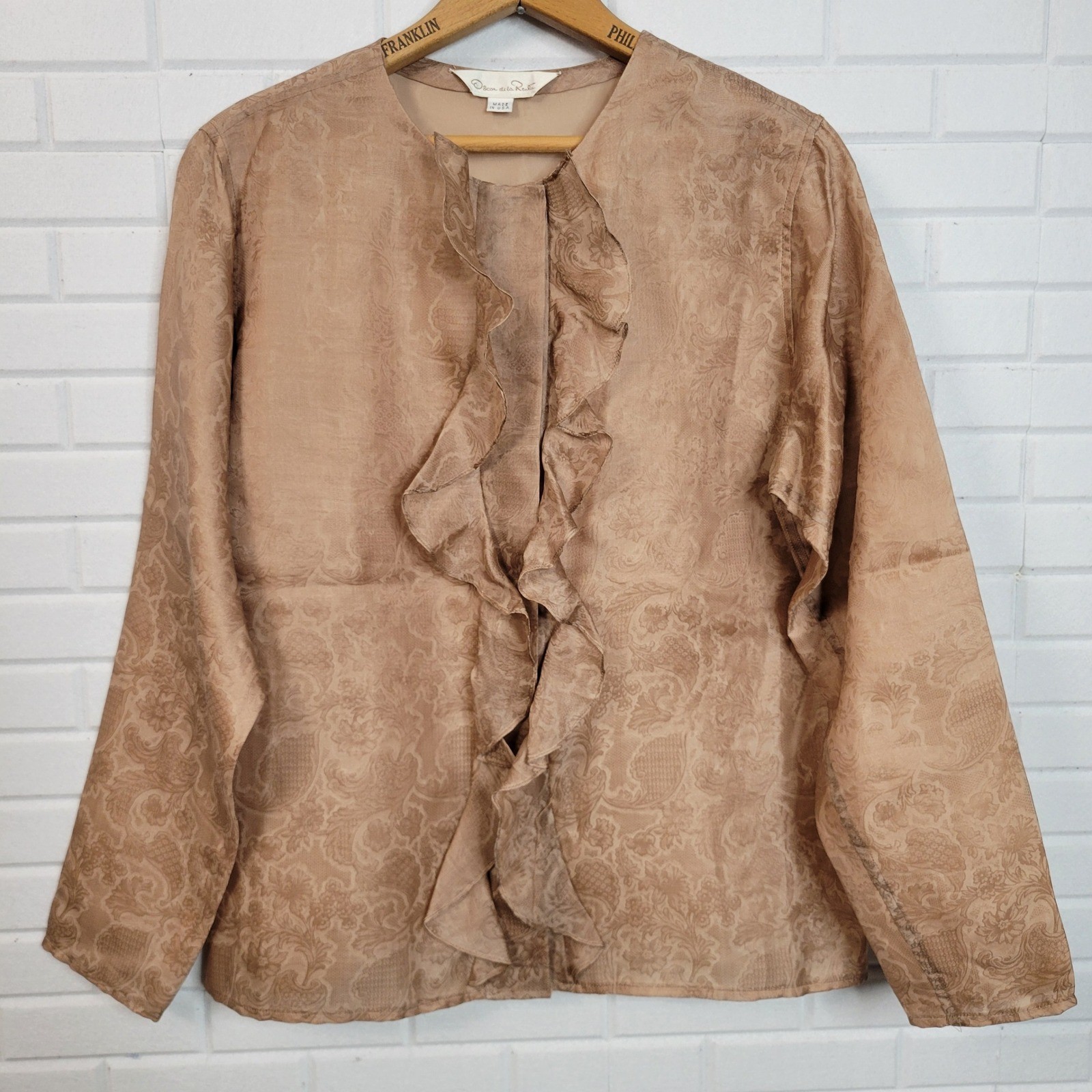 Vintage 1970s Oscar de la Renta Blouse Sz 10 Mocha Brown Ruffle Jacquard Top