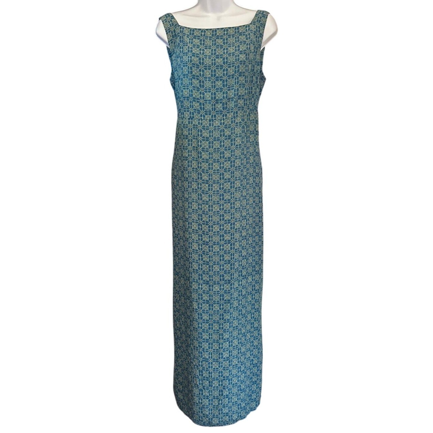 Vintage 90s Amanda Smith Silk Maxi Dress Boho Coastal Tile Print Teal Gold Large