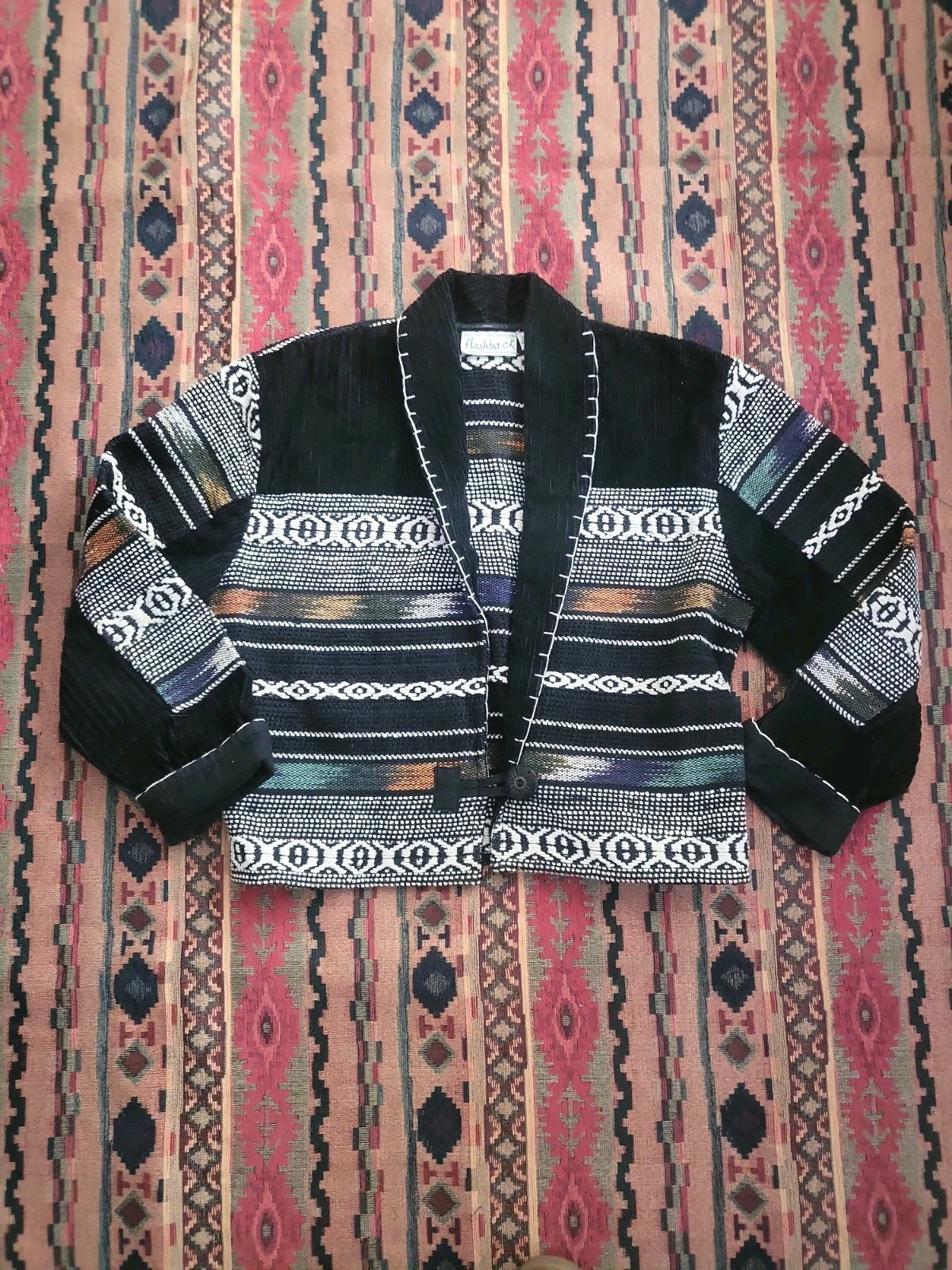Vintage Flashback Southwestern Boho Woven Shawl Collar 1 Button Blazer Jacket M