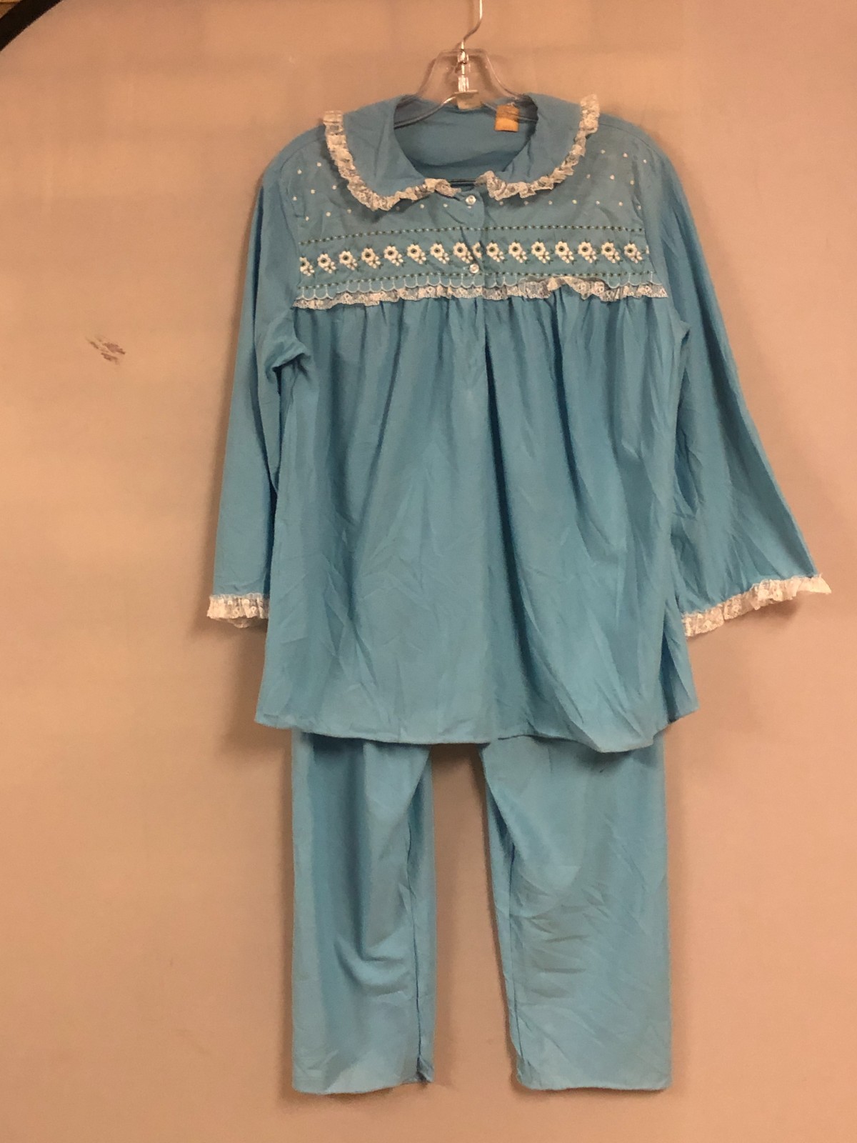 Vintage 70s Blue Pajama Set M Acetate Nylon Lace Smocked Floral NOS USA
