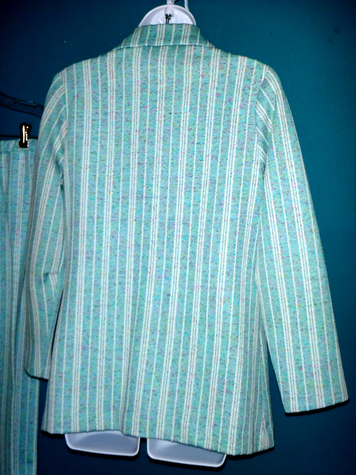 Vtg 70s Graff Textured Stretch Poly Pant Suit Aqua Colored Flecks Sz S
