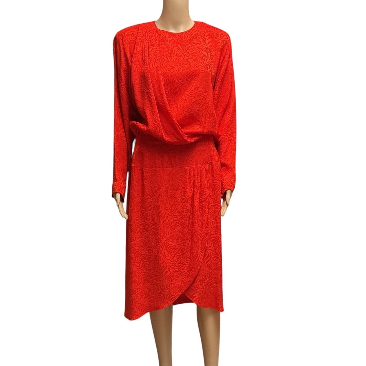80s Liz Claiborne Red Silk Dress Floral Jacquard Blouson Modesty Career Midi