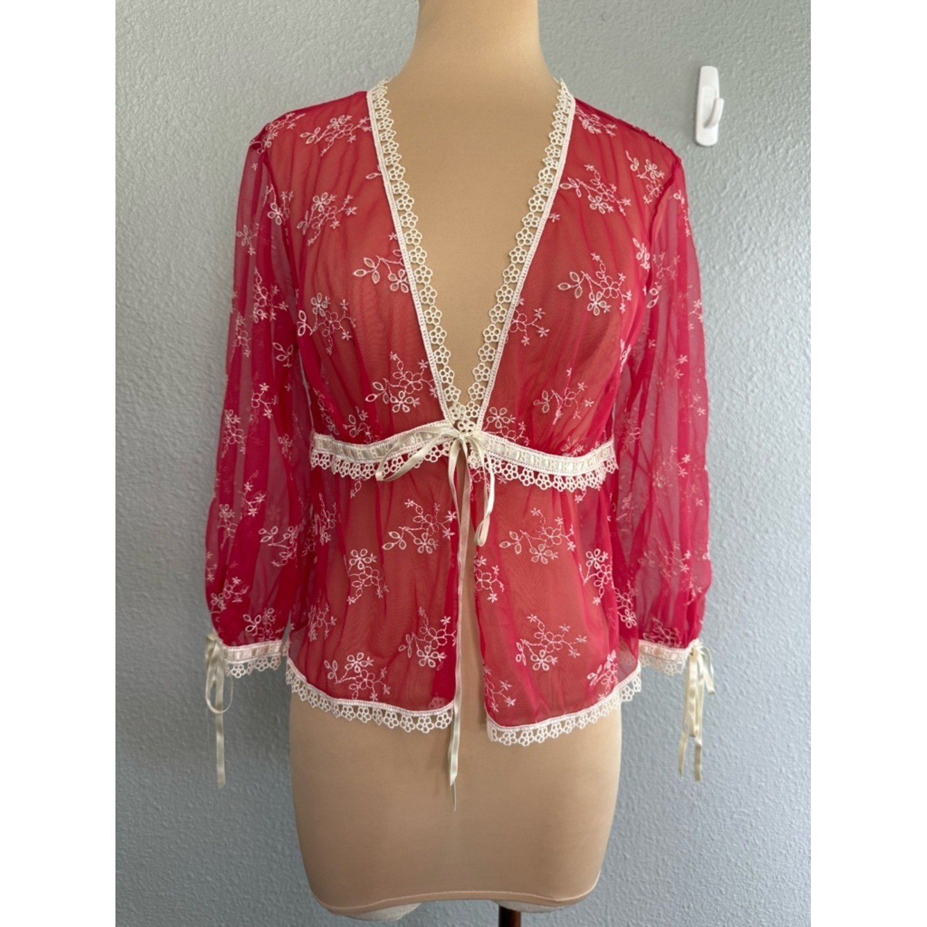 Vintage Y2K VS Red Sheer Mesh Babydoll Top Size Medium Cottagecore Coquette