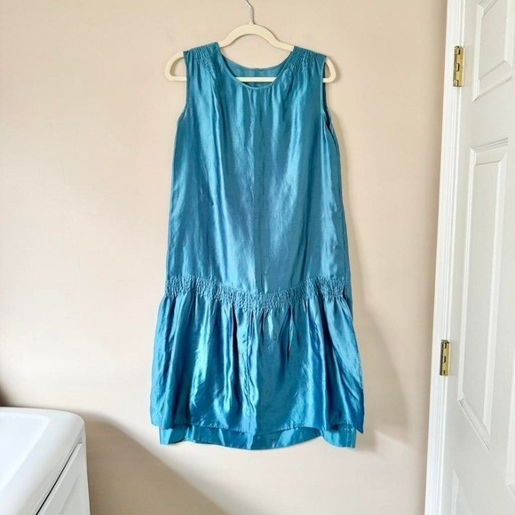 Vintage Silk Drop Waist Dress flapper teal blue AS IS small – med antique